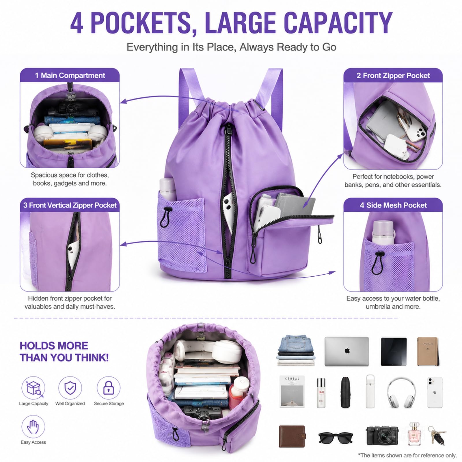 Borsa Sportiva da Donna, 20L Zaino Da Nuoto, Borsa da Palestra, Zaino Sportivo da Uomo, per Fitness, Yoga, Tennis, Escursionismo (Violet, Medio)