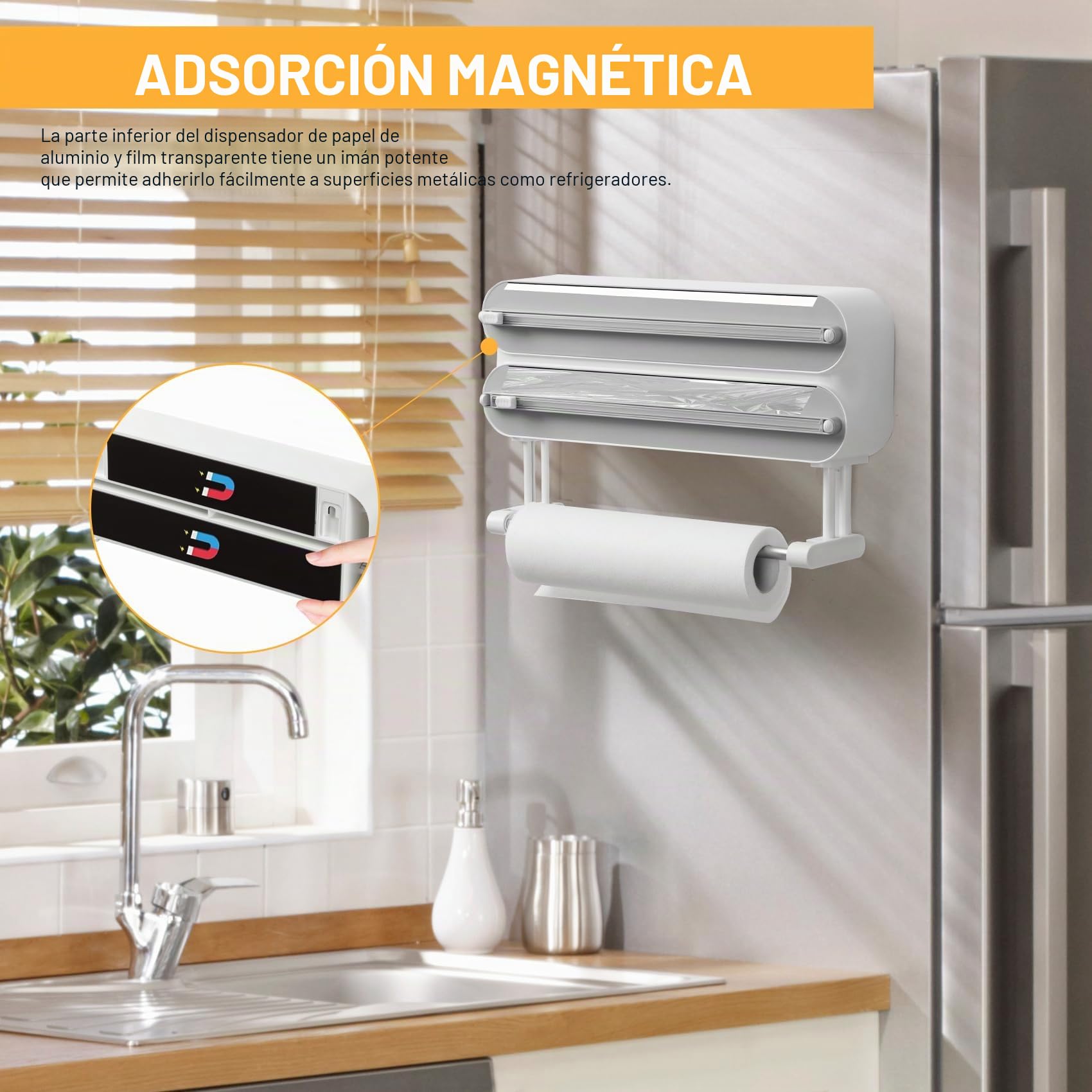 Dispensador Papel Aluminio y Film con Portarrollos Cocina - Organizador Mejorado Magnético de Papel Film Transparente con 50 Metros Film de Plástico, Soporte Papel Cocina 3 en 1, Blanco