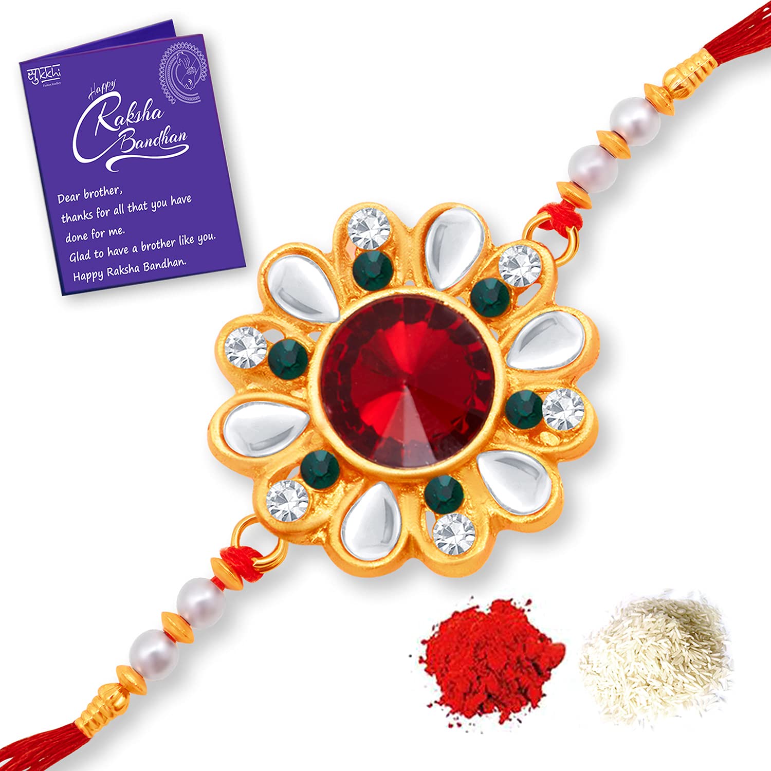Sukkhi Rakhi Exquisite Kundan Designer Gold Plated Premium Rakhi for Brother With Roli Chawal & Greeting Card | Rakhi for Bhaiya | Rakhi for MEN | Kundan Rakhi | (RAK100023) (B09413TH2P) Amazon Price History, Amazon Price Tracker
