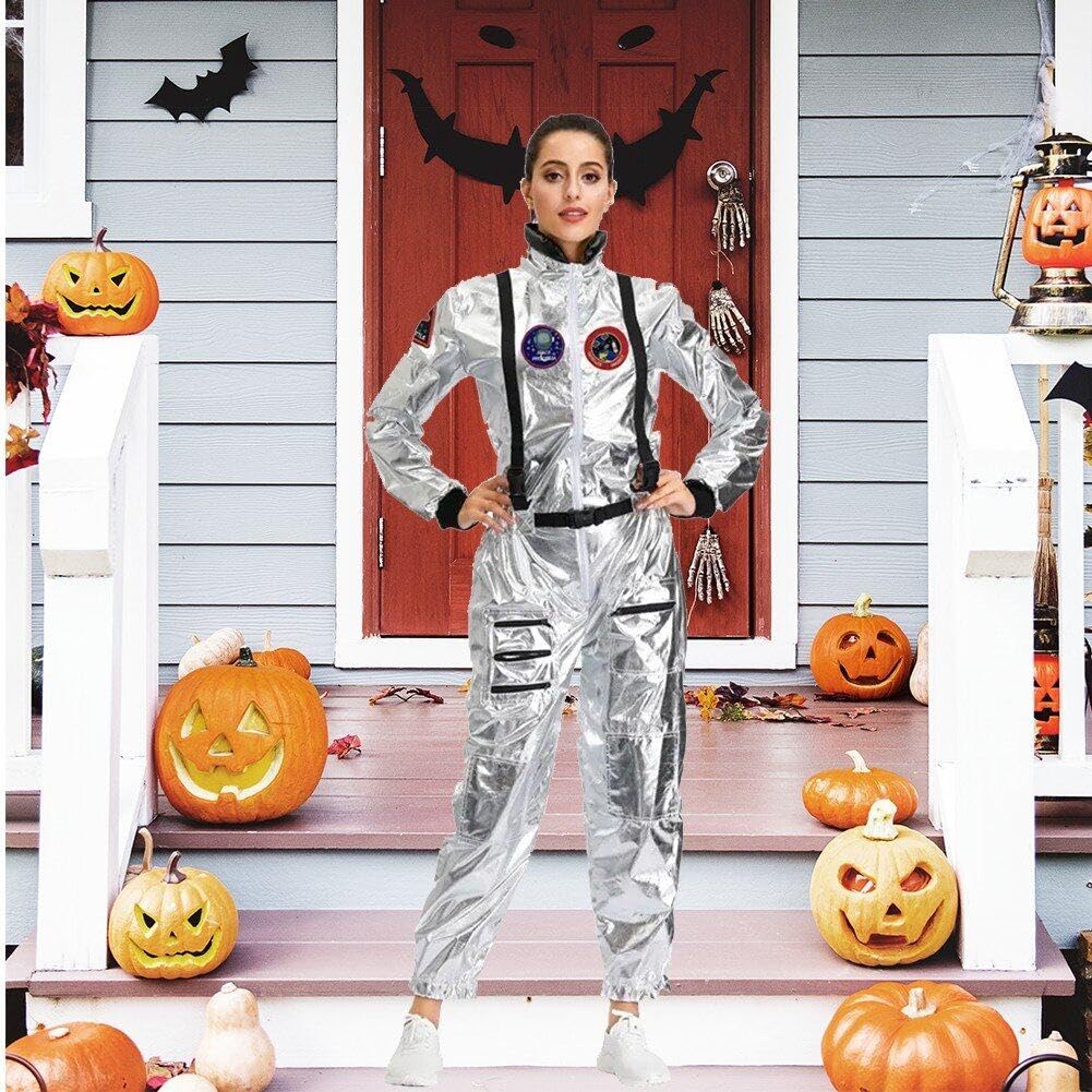 Inlzdz Costume Femme Alien Astronaute Métallique Brillant – Bodysuit Disco Futuriste Manches Longues, Fermeture Éclair, Tailles S à 4XL, Idéal Cosplay, Soirée Thème Espace Ou Danse
