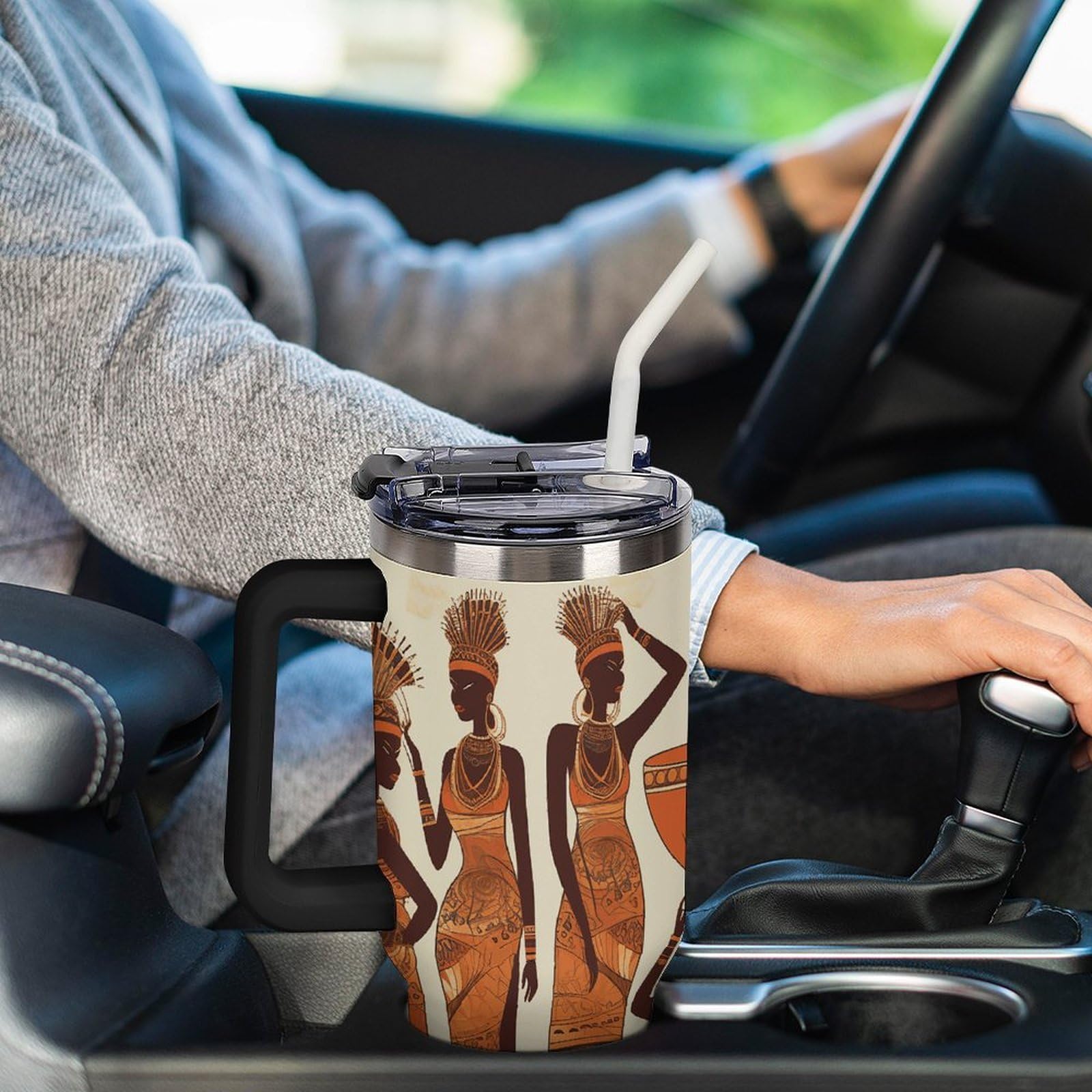 Autobecher aus 304 Edelstahl, 1,2 l, afrikanische Stammesfrau mit Strohhalm und auslaufsicherem Deckel, großes Fassungsvermögen, vakuumisolierter Reisebecher für Auto-Becherhalter