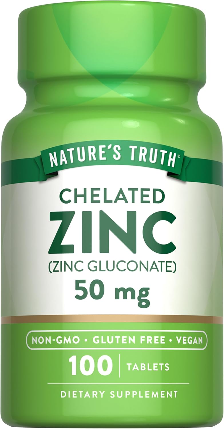 Nature’s Truth Chelated Zinc 50mg | 100 Tablets | Essential Mineral Supplement | from Zinc Gluconate | Vegan, Non-GMO & Gluten Free
