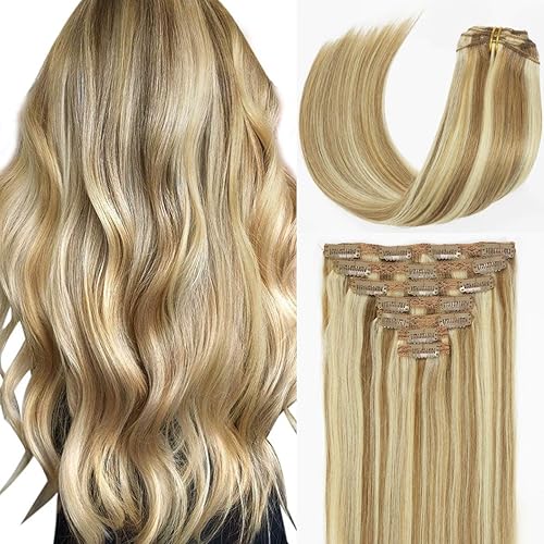 Caliee Extensiones de cabello humano con clip, color marrón dorado #10 y rubio decolorado #613, cabello humano real, sedoso y lacio, clip de doble