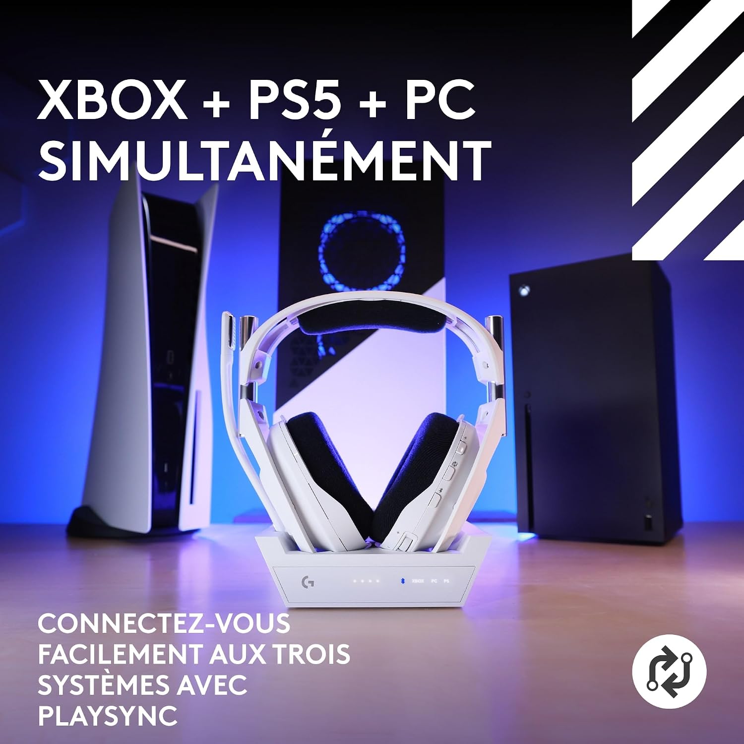 Logitech G Astro A50 X headset and base station positioned between a PlayStation 5 and an Xbox Series X, illustrating multi-platform connectivity.