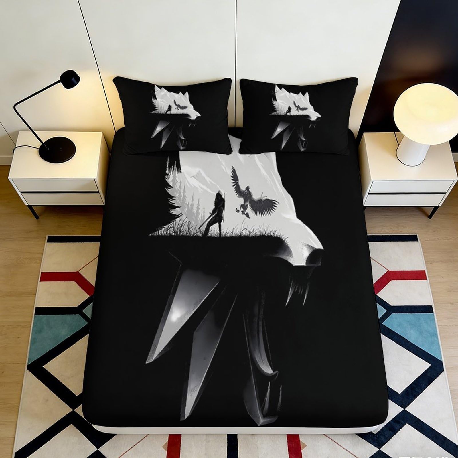 3D Printed Wolf Silhouette Fitted Sheet Microfiber Black Fantasy Animal Bed Cover for Bedroom Dorm Easy Care 90x200x25cm