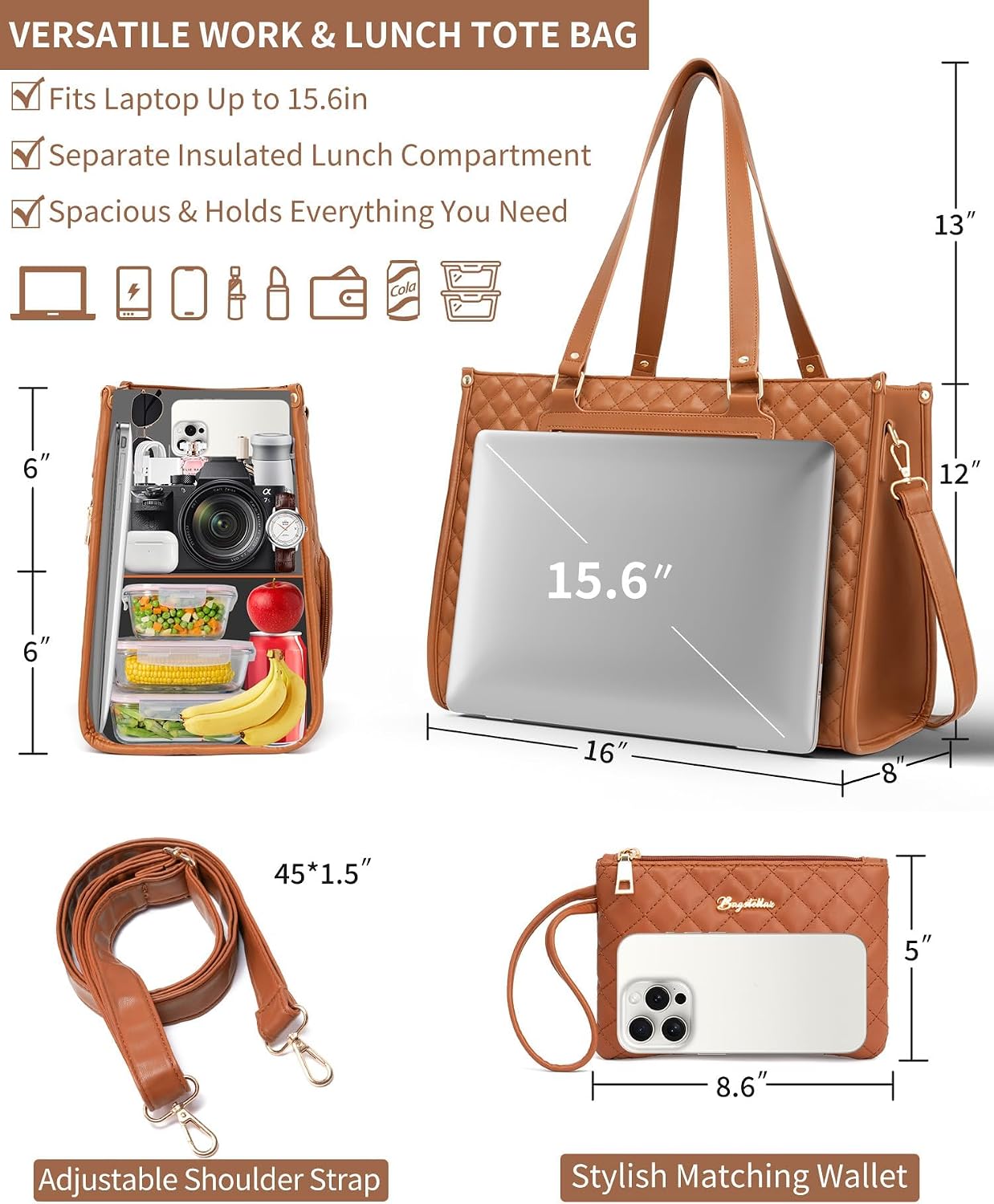 Bagstellar Lunch Tote Bag for Women, Laptop Work Bag with Lunch Compartment image 2
