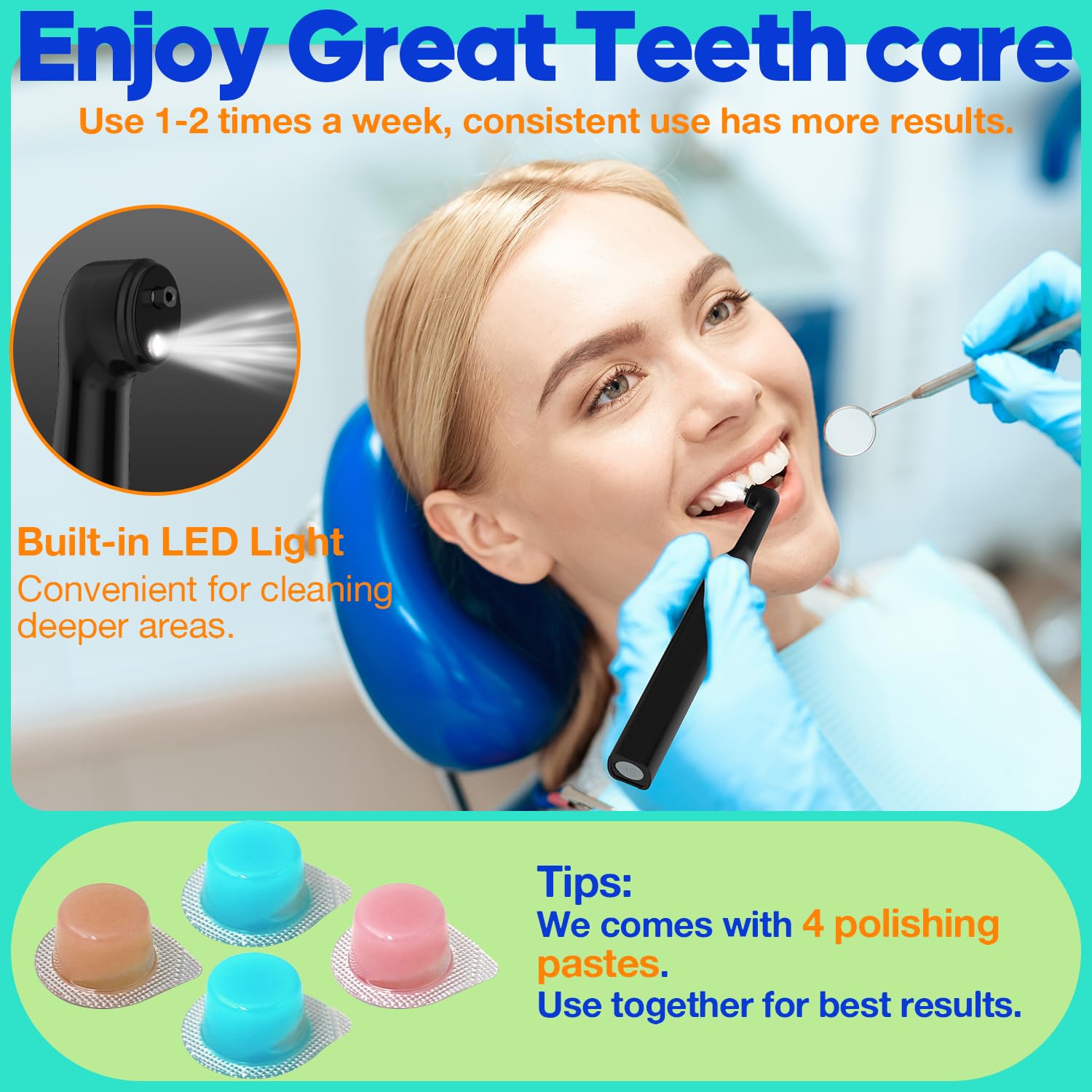 Dentaire Polisseur, RRZIOM Polisseur Dentaire pour le Nettoyage et le Blanchiment des Dents, Kit de Blanchiment avec Lumière LED, 5 Têtes de Brossage, 5 Modes de Vitesse, Rechargeable