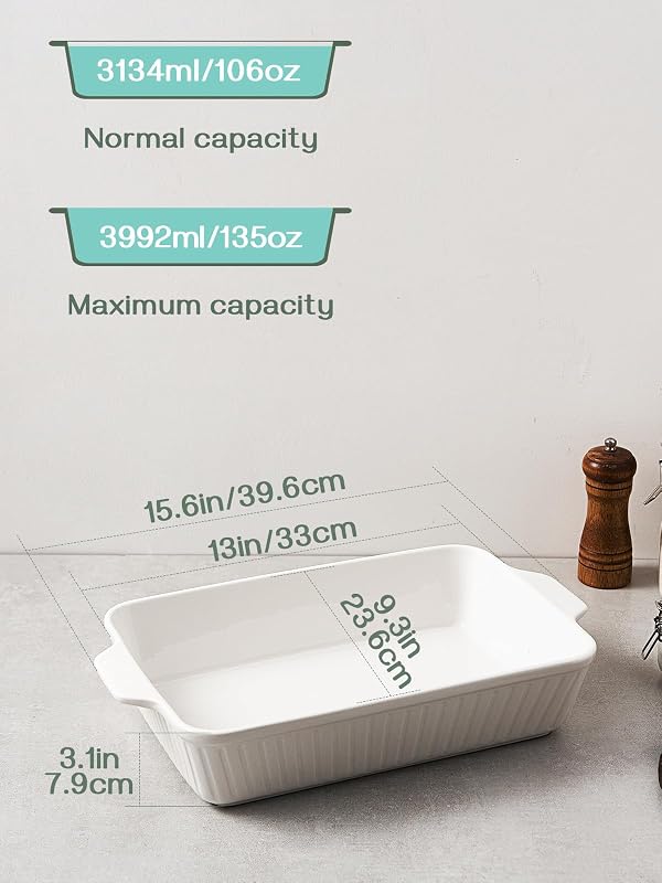 DOWAN 9x13 Kerámia Sütőtál Lasagnához, 4,2 Literes Mély Sütőforma Fehér