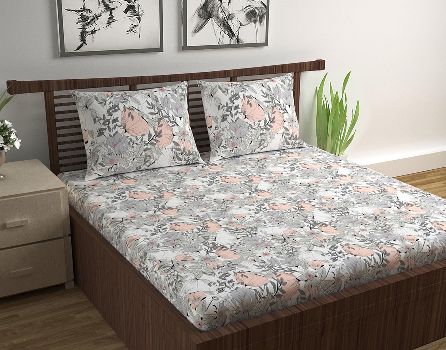 Divine Casa Double Size Bedsheet for Double Bed, 144 TC Pure Cotton Queen Size with 2 Pillow Covers | 222 by 254 cm | Floral | Blush Grey