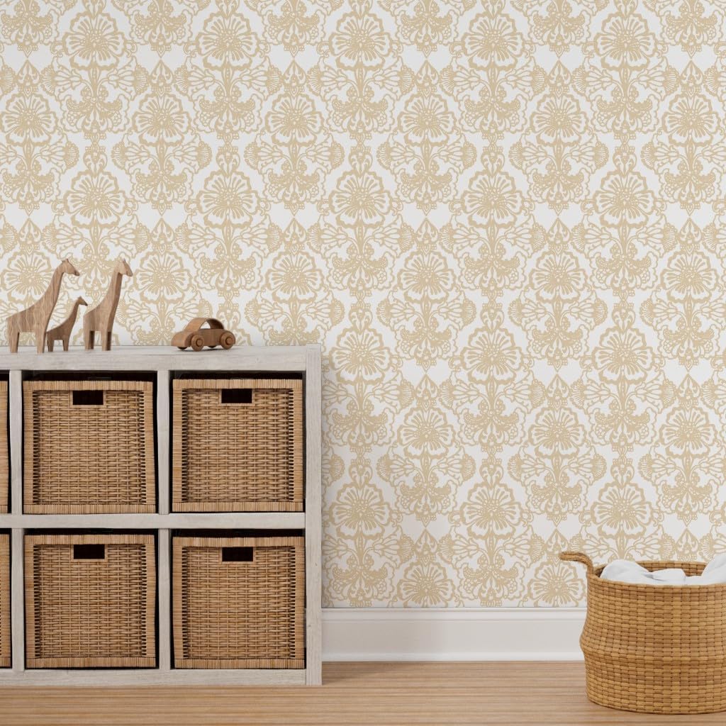 Peel & Stick Wallpaper 3ft x 2ft - Floral Damask Sweet Lace White Beige Tan Custom Removable Wallpaper by Spoonflower