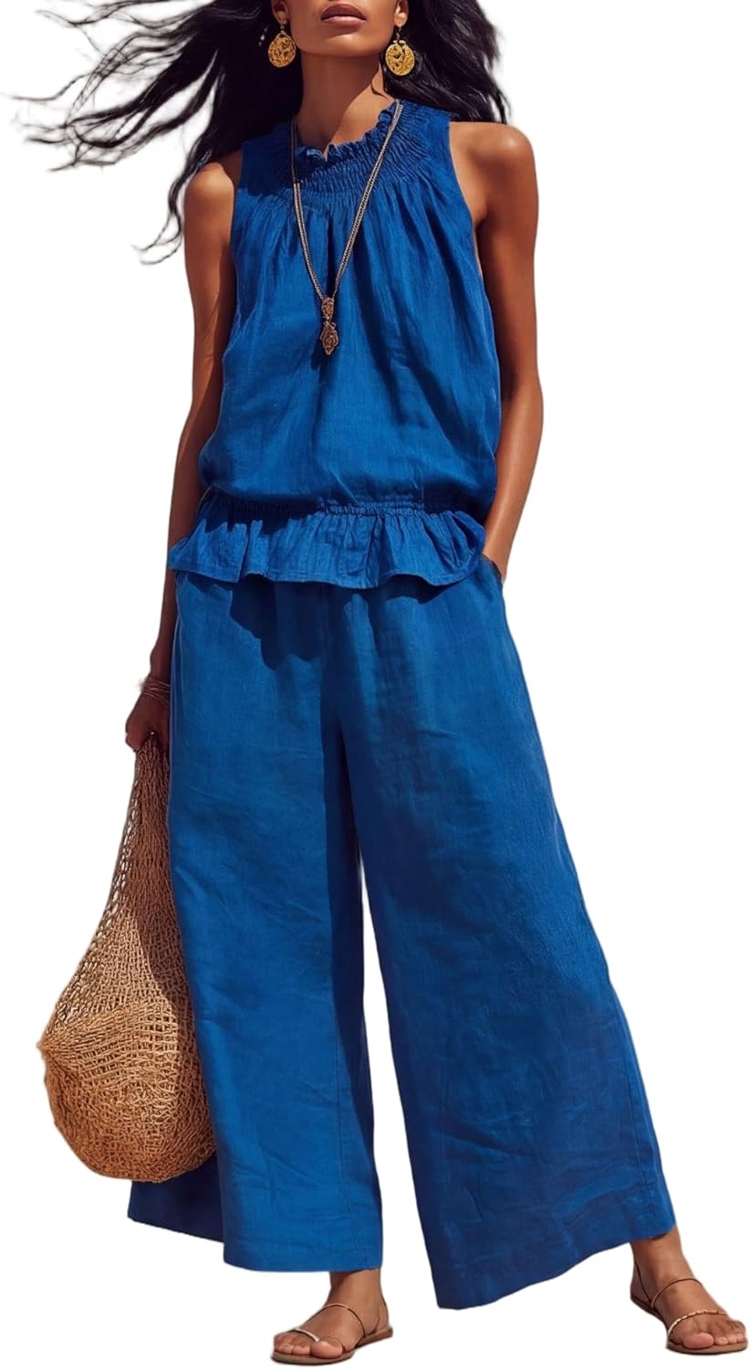 DEPENSL Women's Summer 2 Piece Outfits Sleeveless Mock Neck Tank Top Wide Leg Pants Set Travel Airport Beach Vacation Outfits