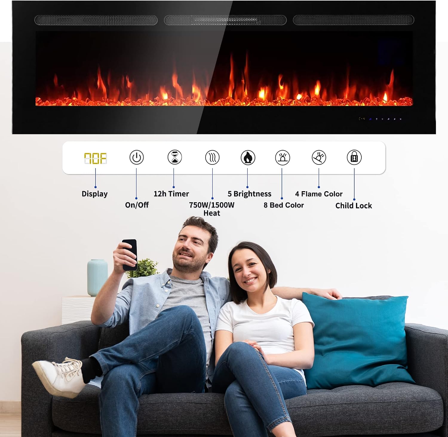 MAXXPRIME 60" Electric Fireplace Inserts, Recessed and Wall Mounted Electric Fireplace Heater, 750/1500W Wall Fireplaces with Touch Screen, Remote Control, Faux Log and Crystal, 32 Color Combination