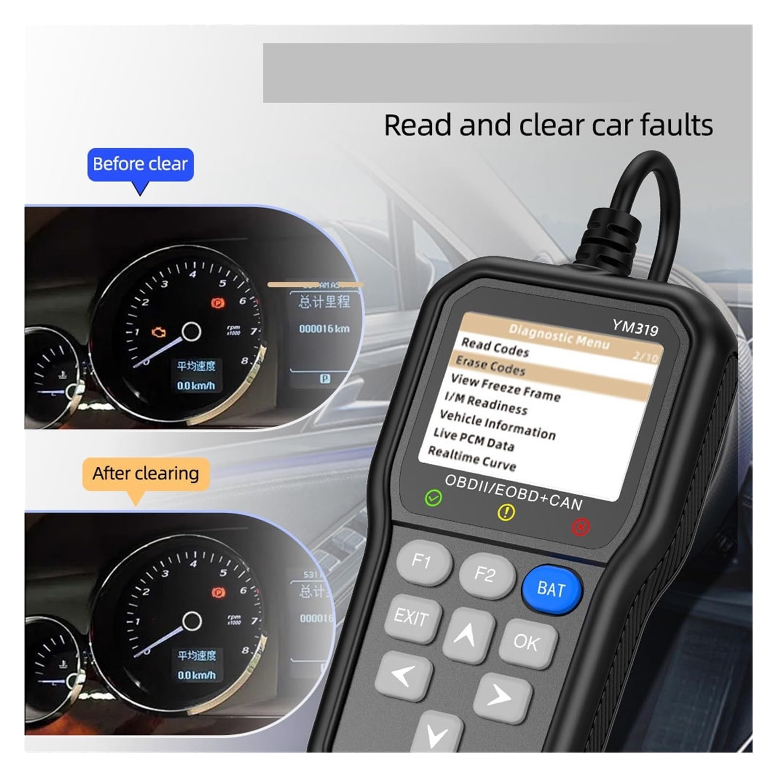 Escáner para Coche, Escáner OBD2 con de verificación del motor en varios idiomas YM319, herramienta diagnóstico for borrar códigos, comprobador batería