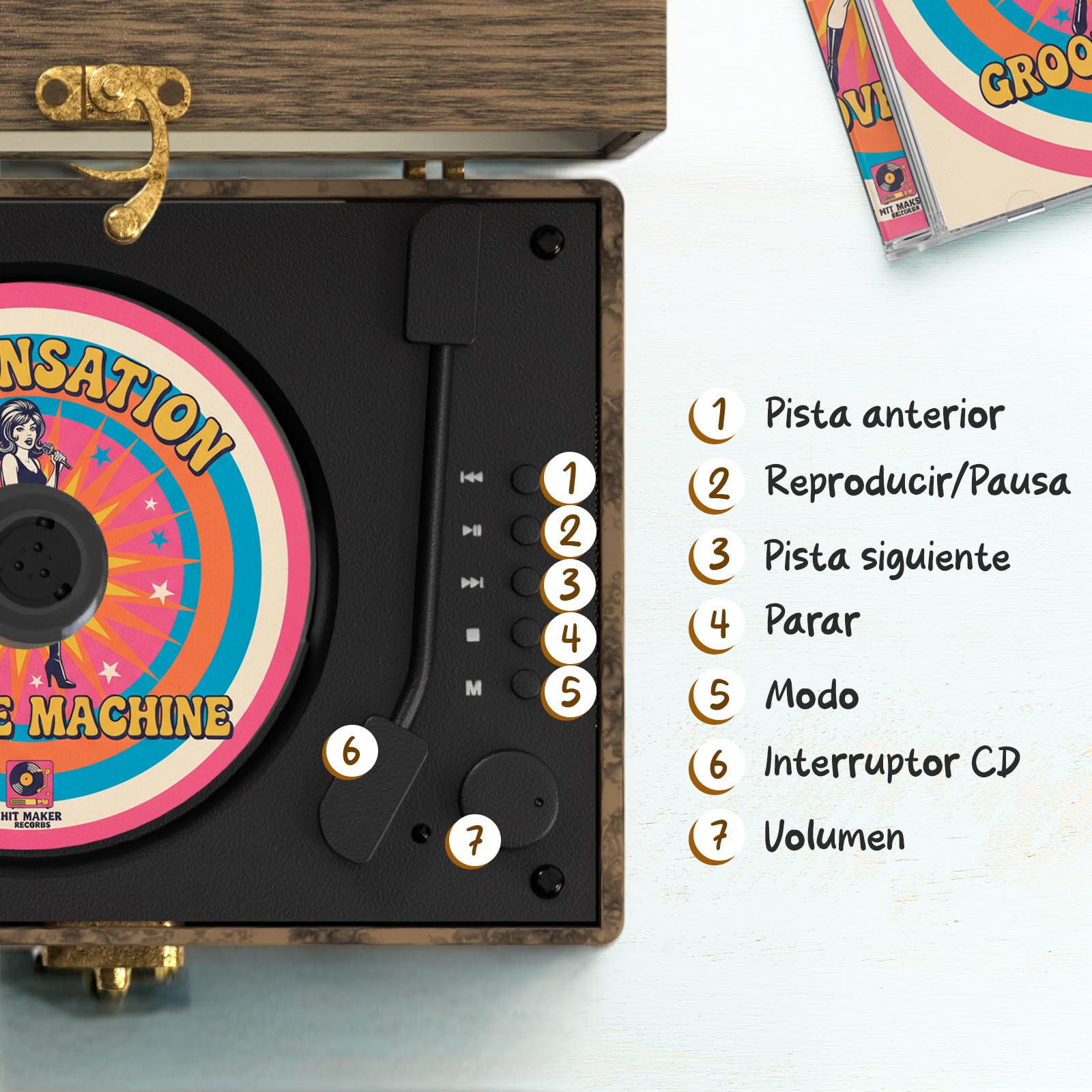 KLIM Retro CD Player – Reproductor CD portátil con Altavoces, Receptor Bluetooth, AUX, USB, Batería Recargable, Diseño Retro, Mini Cadena Compacta para Casa y Música – Madera