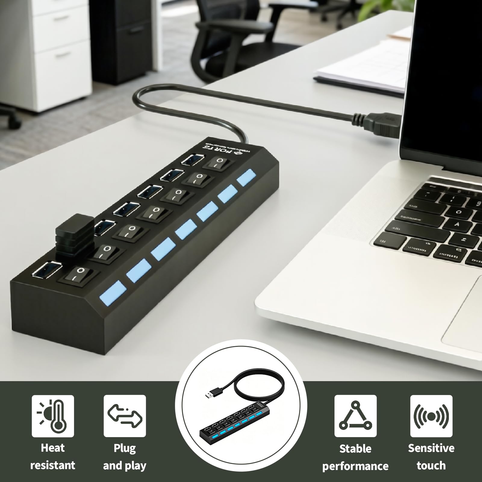 Hub USB a 7 porte, Hub con Interruttori LED Individuali, Hub Multipresa USB 2.0 per PC Mac Laptop Mouse Tastiera Hard Disk, Stampante, Trasferimento Dati 480 Mbps, Compatto e Portatile