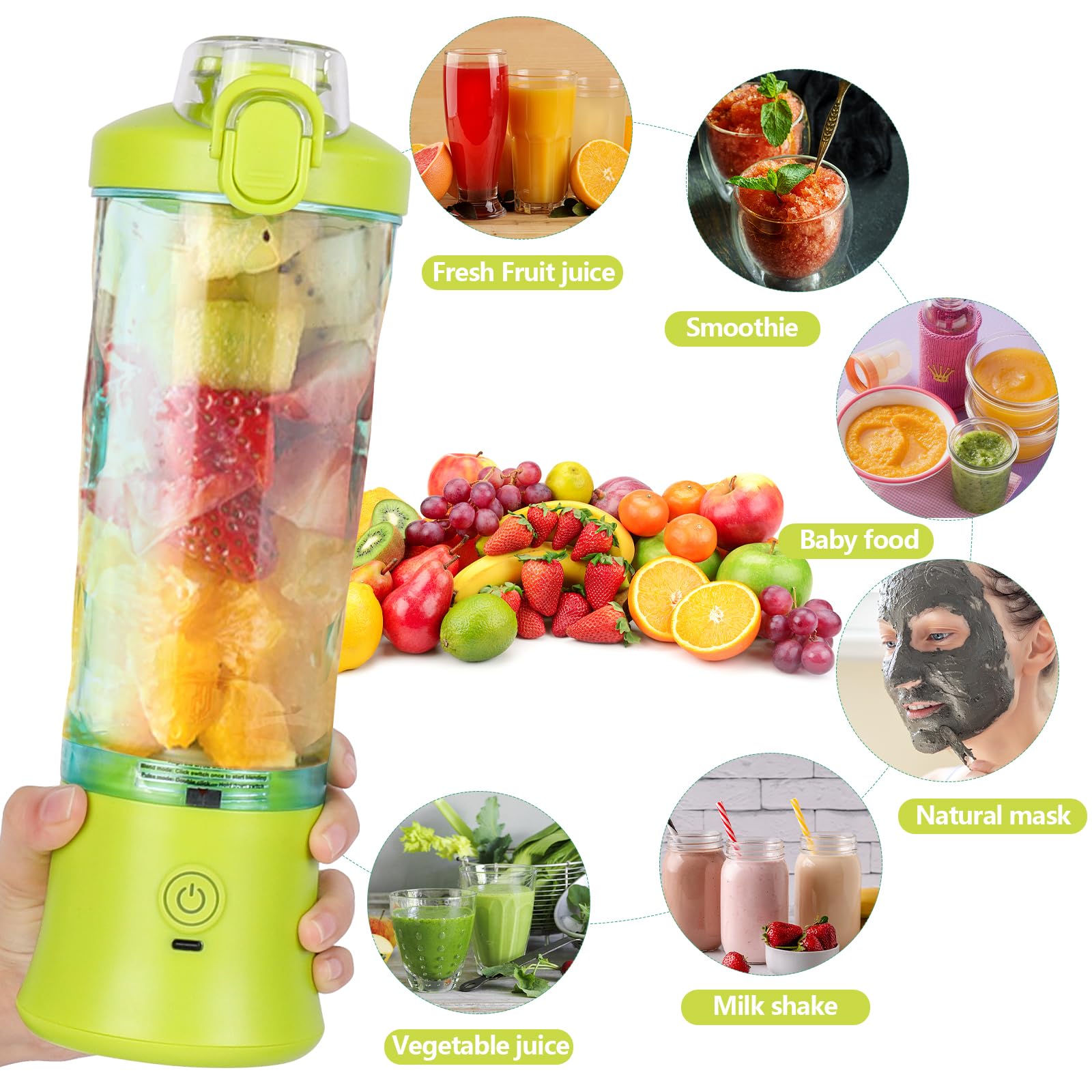 Dreamhigh Mikser Smoothie Maker, 600 ml, przenośny mikser do smoothie i shake'ów z 6 ostrzami, 4000 mAh, mini mikser może wycisnąć 25 filiżanek soku do biura, na kemping i w podróży (żółty)