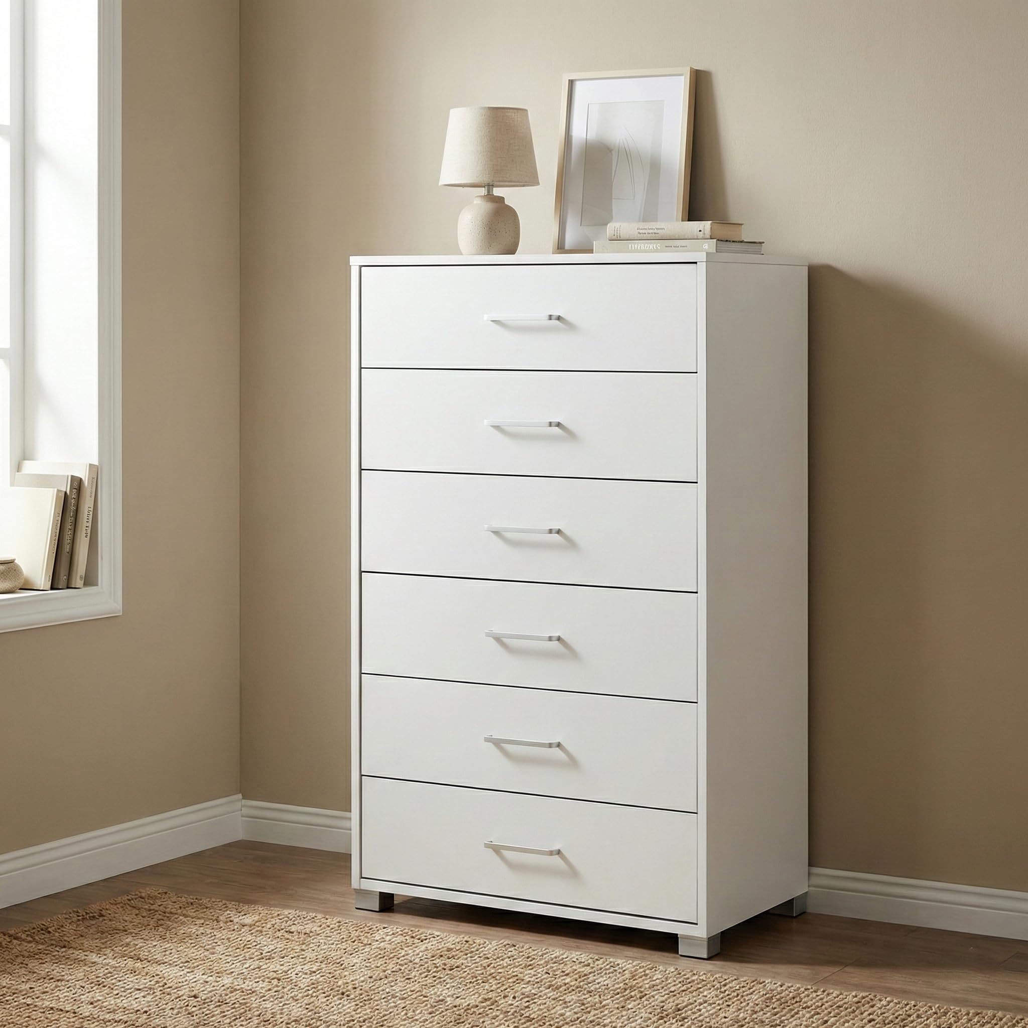 Brigros WeHome - Cassettiera Camera da Letto con 6 Cassetti 68x40x115 cm, in Legno Mobile Salvaspazio Nancy, Bianco