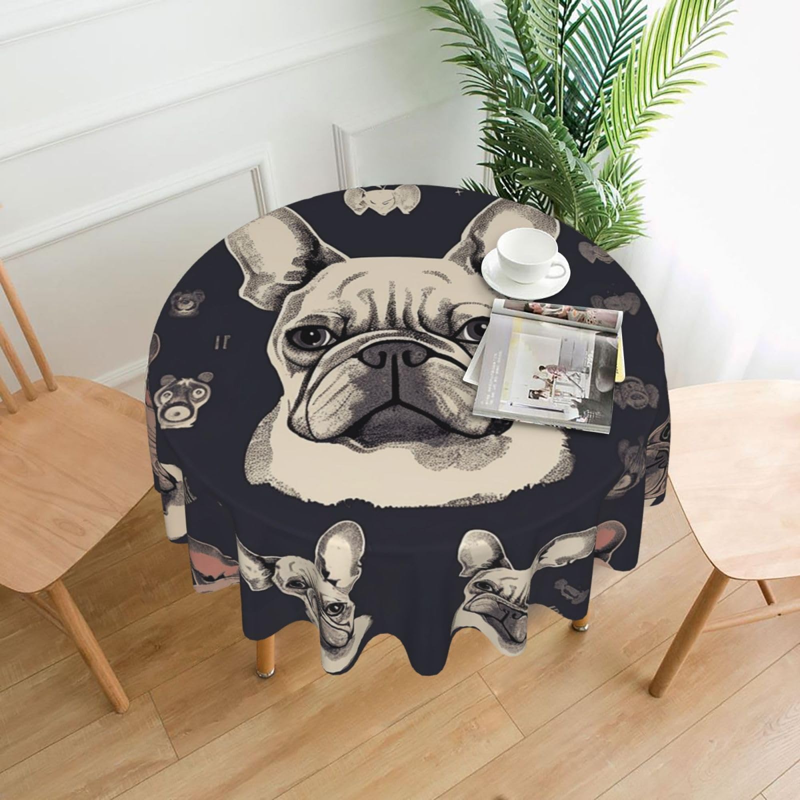 Fodpand Black I Love French Bulldog Tablecloths For Round Tables 60 Inches - Reusable And Washable Kitchen Table Clothes Decorative Table Cover For Dining Tables, Buffet Parties, Wrinkle Resistant