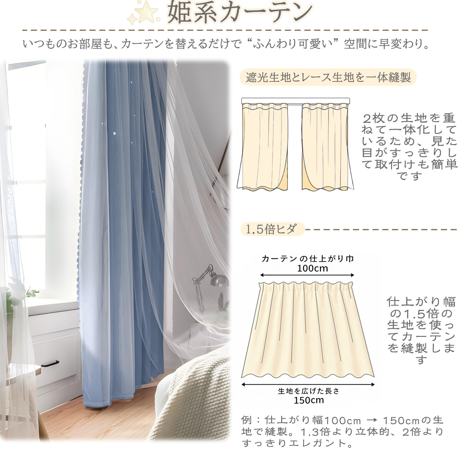 Amazon｜PANDA INTERIOR 姫系カーテン 星柄 遮光 レース付き 一体型