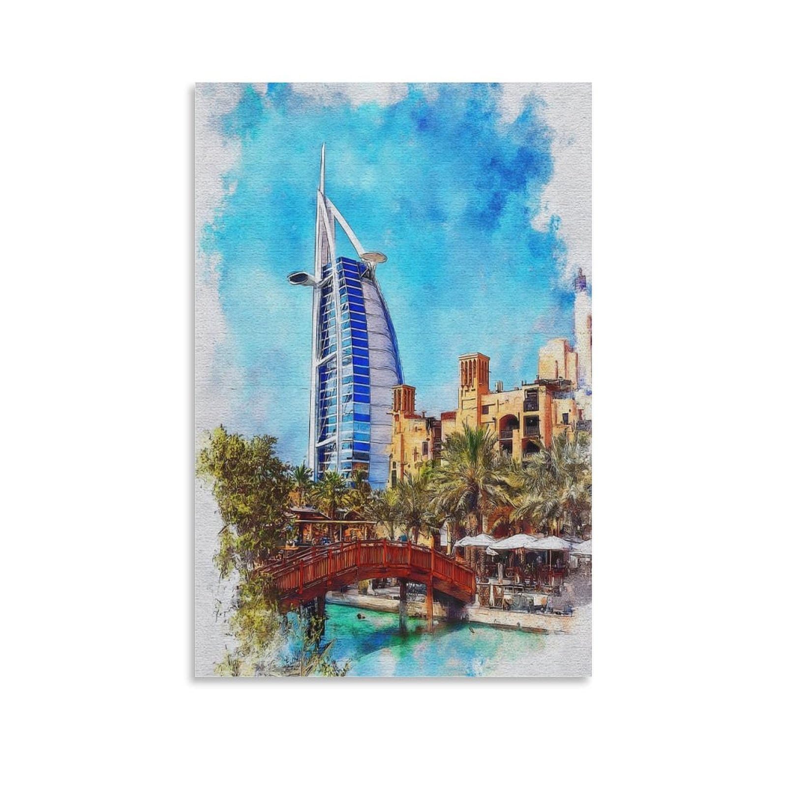 Cnaheiz Unframe-Style Dubai Burj Al Arab 24X36inch(60X90cm) Vintage Travel Poster Watercolor Canvas Art