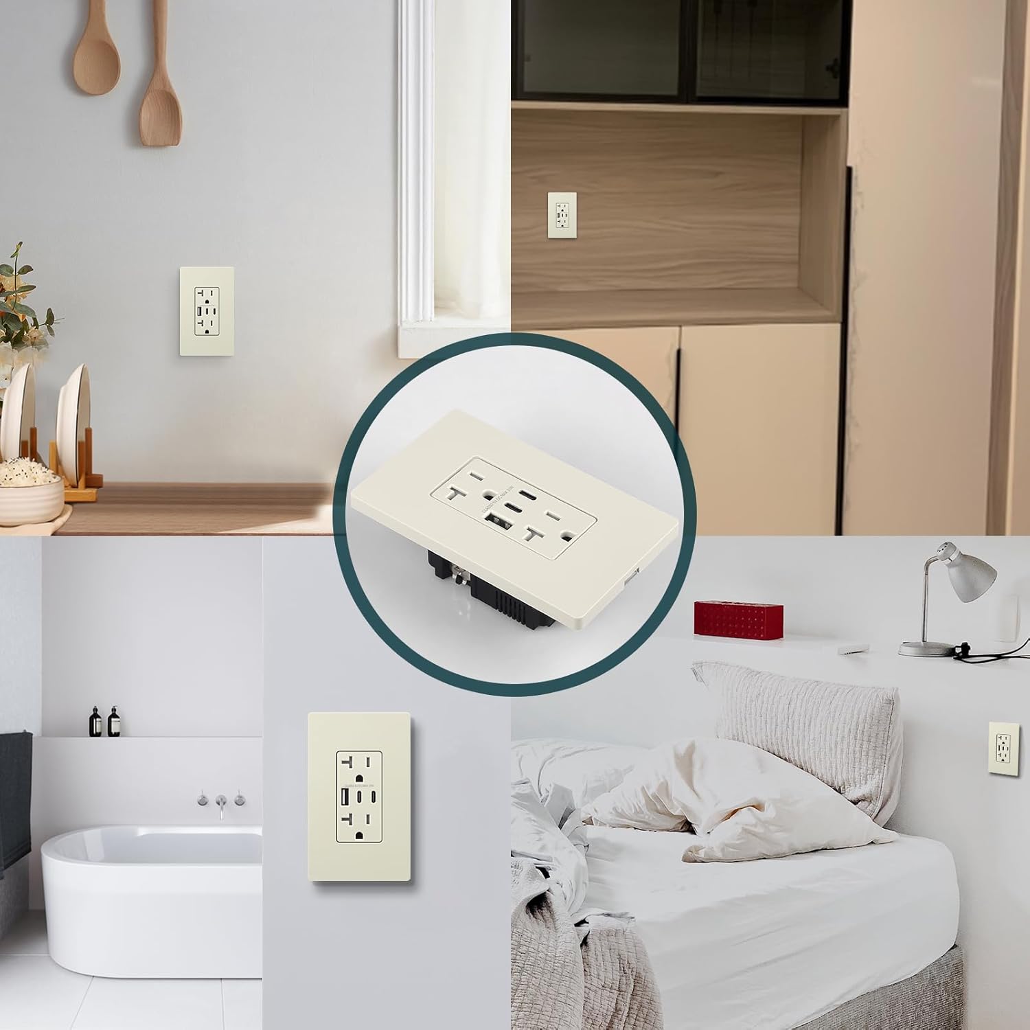 TOPELER 3 Ports USB Outlet, 30W 6.0A USB Wall Sockets, Duplex 20 Amp Tamper-Resistant Electric Outlet with Type A & C Port, Screwless Wall Plate Included, ETL Listed, Light Almond, 4 Pack