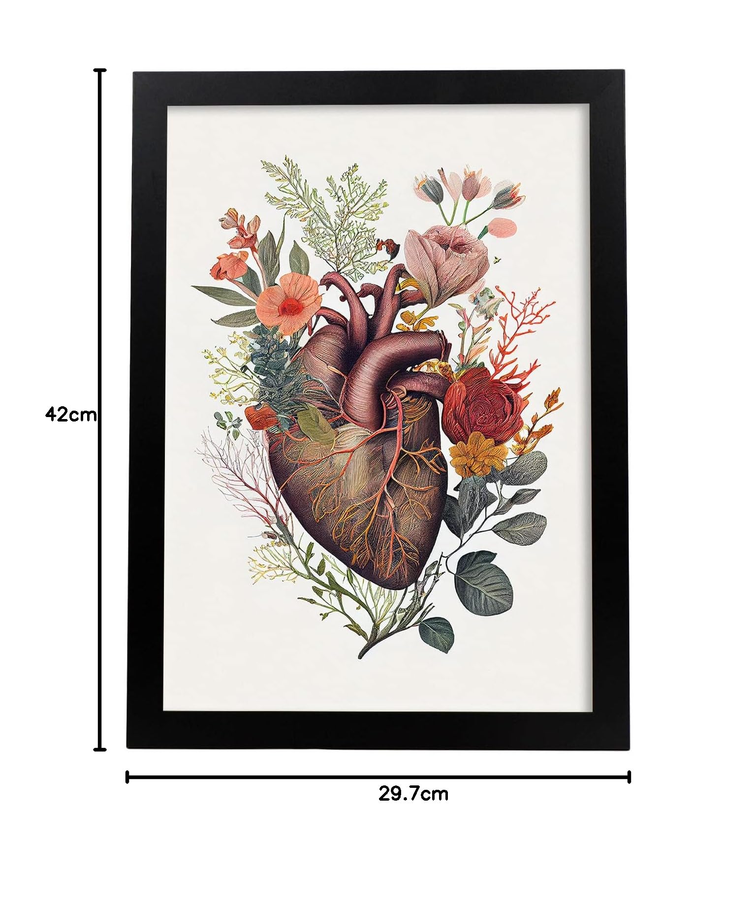 Nacnic anatomiczny plakat serca na białym tle kolorowa ilustracja części ludzkiego ciała z kwiatami Czarna ramka A3