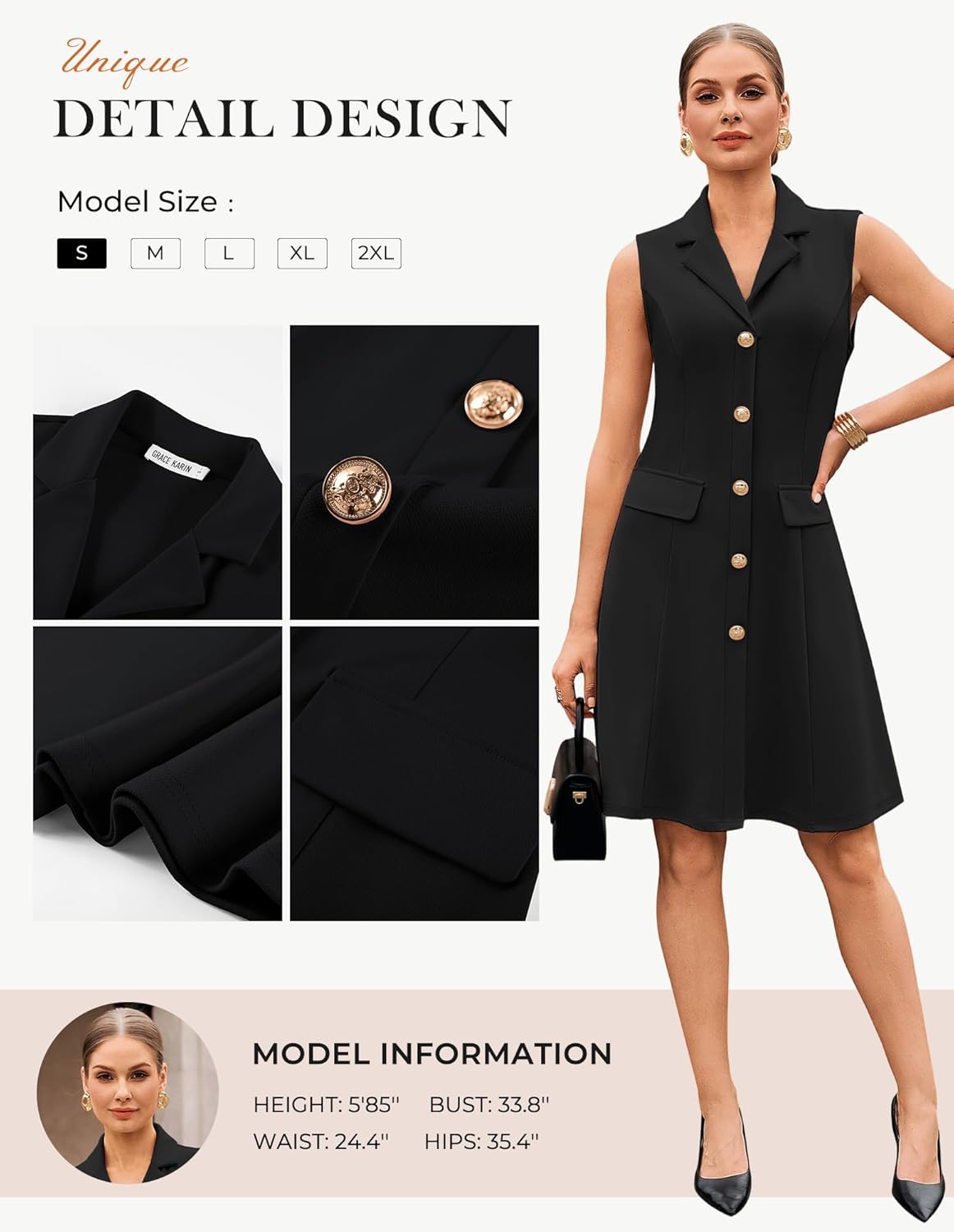 GRACE KARIN Work Dresses for Women 2026 Sleeveless Button Business Midi Dress Notch Lapel V Neck Formal Office A Line Dresses