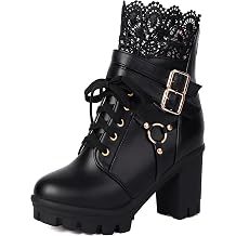 BEAUPAS Womens Gothic Combat Boots Lace Up Platform Ankle Boots with Buckles Chunky High Heel