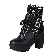BEAUPAS Womens Gothic Combat Boots Lace Up Platform Ankle Boots with Buckles Chunky High Heel
