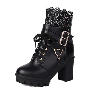 BEAUPAS Womens Gothic Combat Boots Lace Up Platform Ankle Boots with Buckles Chunky High Heel