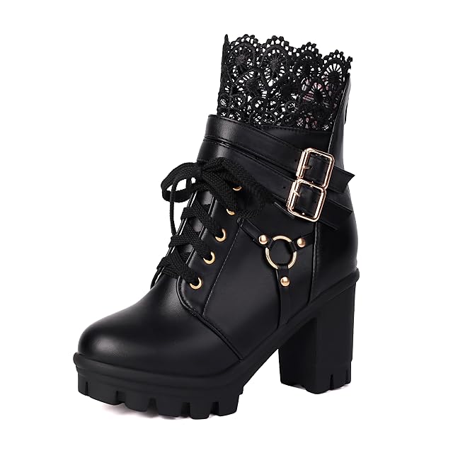 BEAUPAS Womens Gothic Combat Boots Lace Up Platform Ankle Boots with Buckles Chunky High Heel
