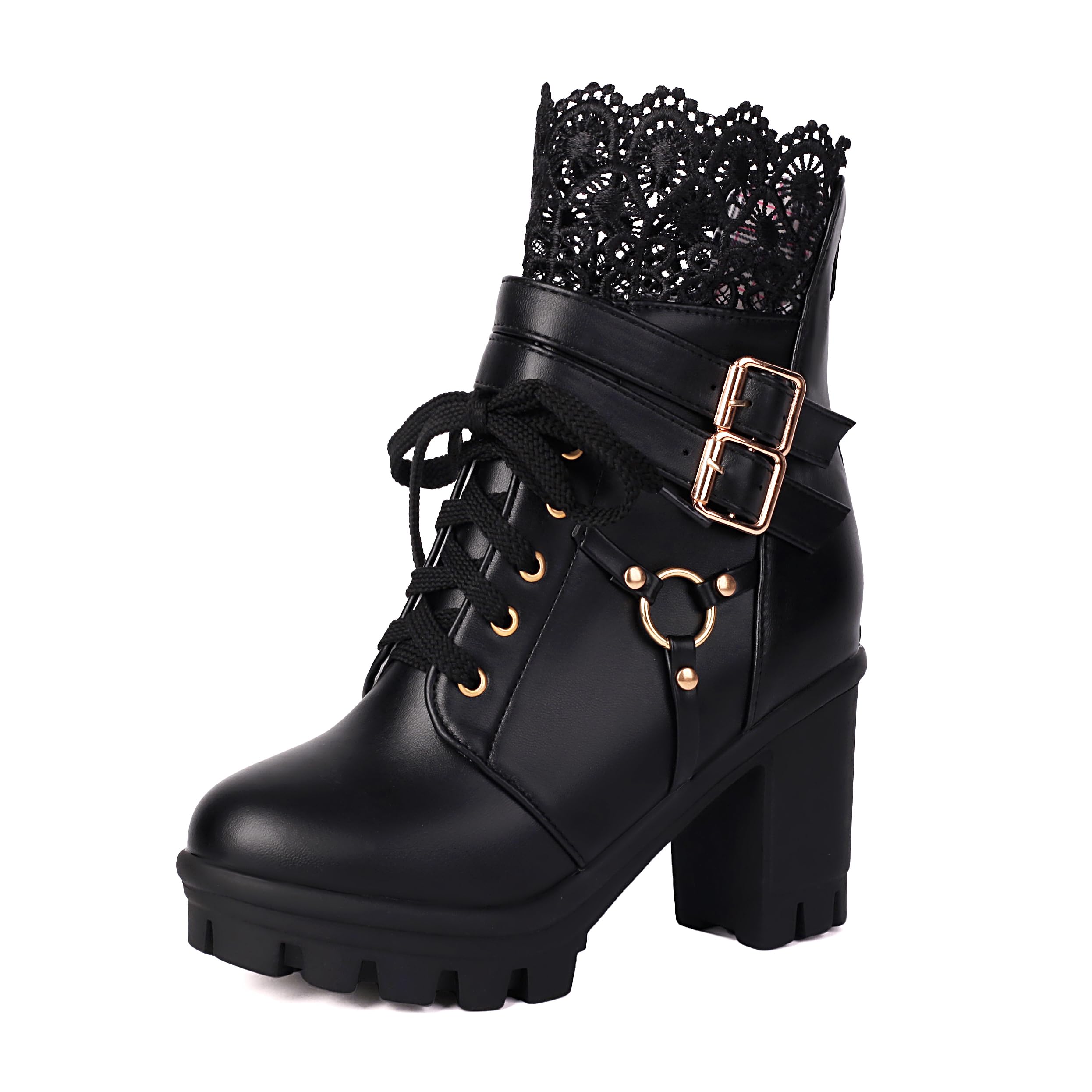 BEAUPAS Women's Gothic Combat Boots Lace Up Platform Ankle Boots with Buckles Chunky High Heel