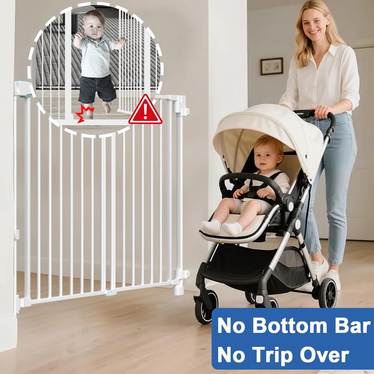 No Bottom Bar Baby Gate for Stairs Doorways, 29.5-43 in Wide Dog Gates Indoor, Adjustable Child Safety Gate Walk Thru, Auto Close Pet Gate for Kids Expandable Wall Mounted, Portable White