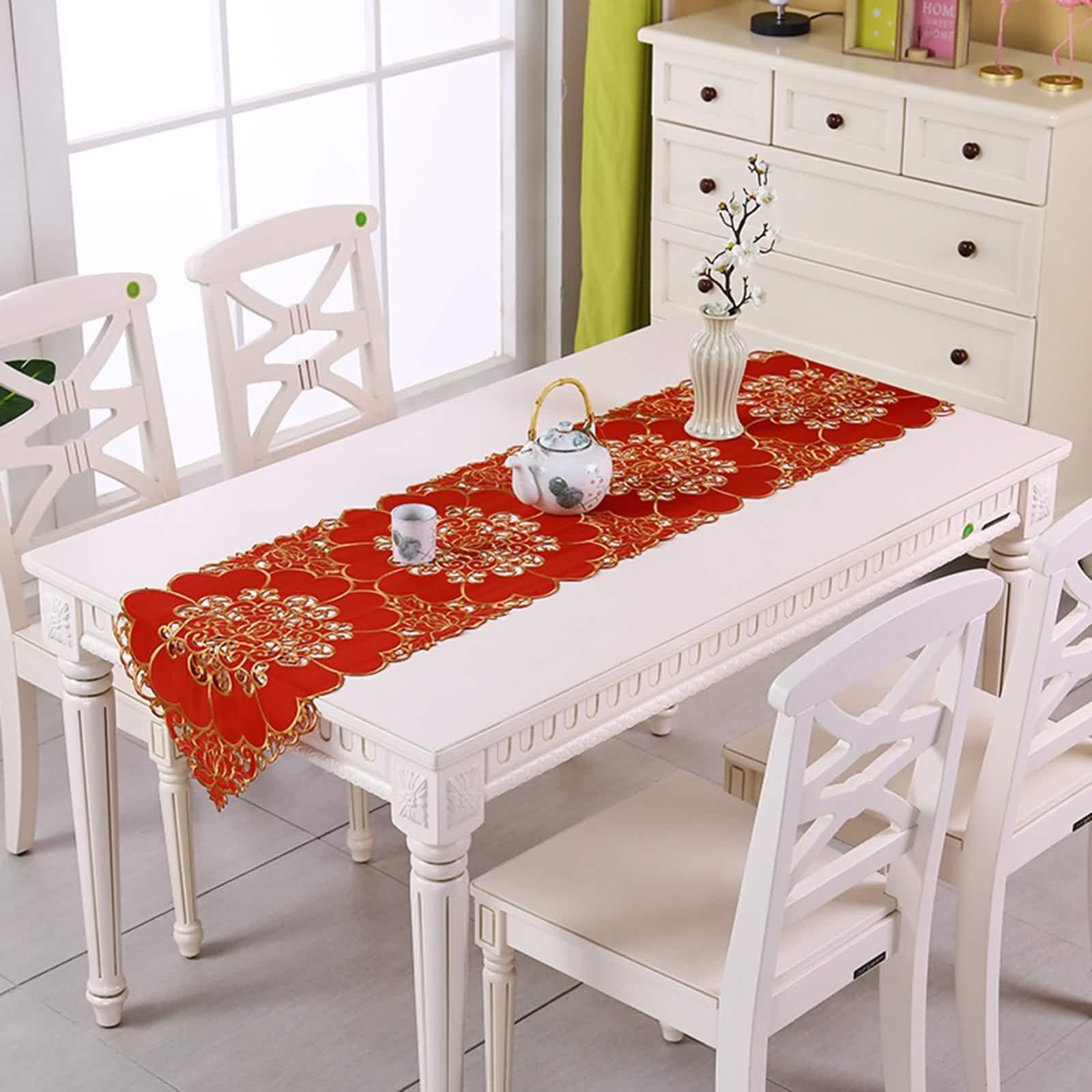 Chemin Table Anniversaire, Chemin de Table Rouge Saint Valentin Coton Polyester 38x210CM Broderie Creuse Interieur