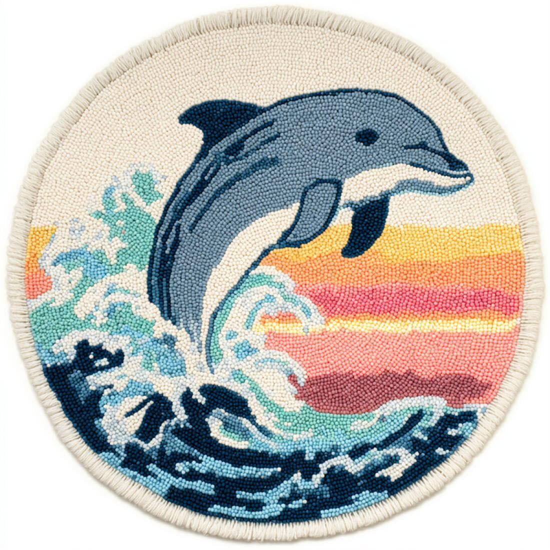 Rqwybcaxn DIY Latch Hook Rug Kit for Beginners Animal Crochet Starter Kit Dolphins and Waves 60x60cm Round Tapestry with Crochet Hook Bedroom Craft Gift