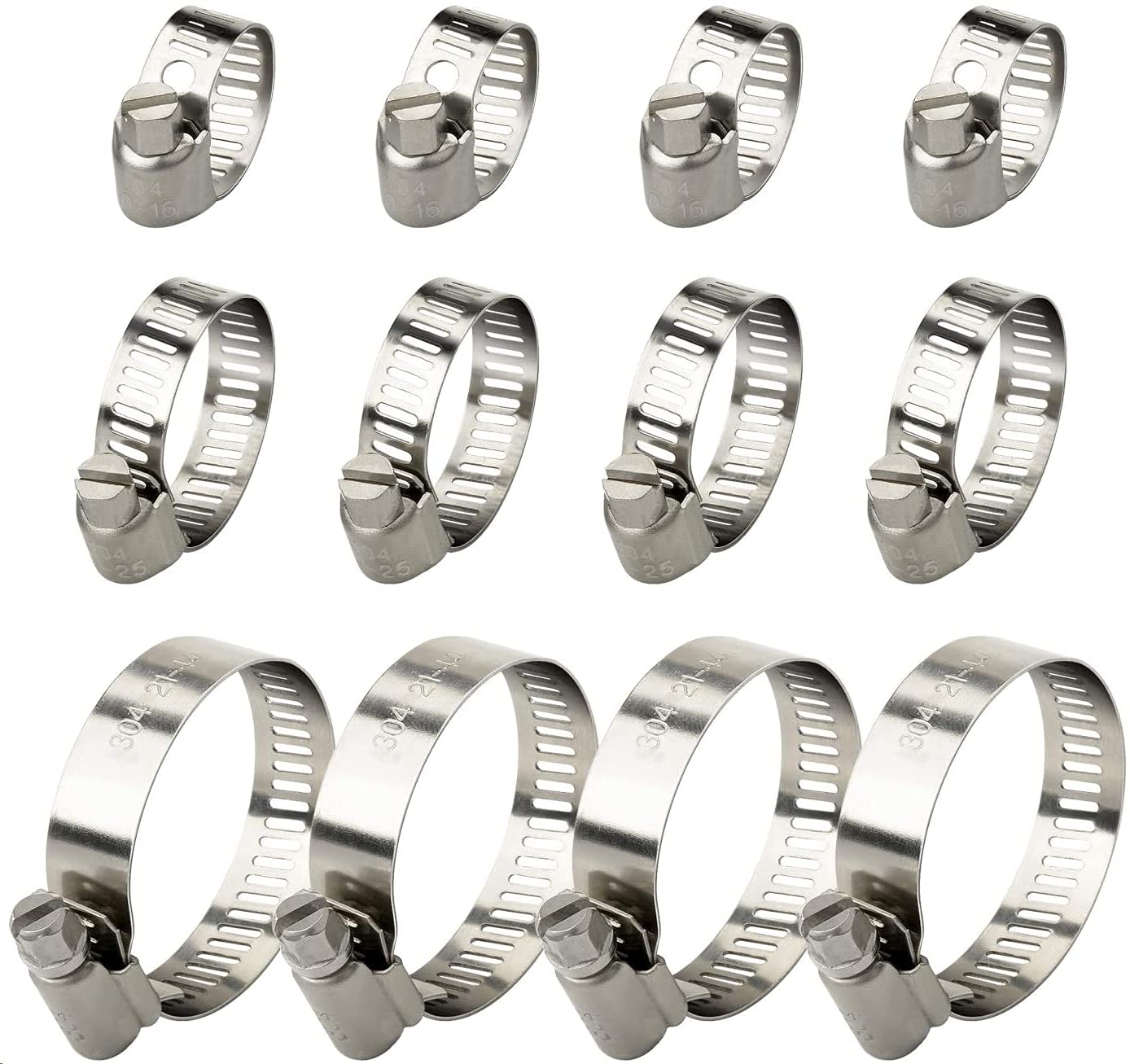Noosverl Silver Hose Clips Jubilee Clips, Stainless Hose Clamps Pipe Clips, Adjustable Ducting Clamps 12 Pack (10-16Mm,16-25Mm,21-44Mm)