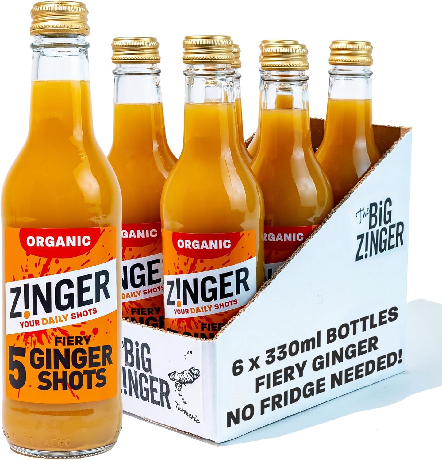 Zinger 5 Shot - Organic Ginger Shots (6x330ml) | 30 Servings | Refreshing Fiery Ginger Drink | Vegan and Gluten Free | No Added Sugar
