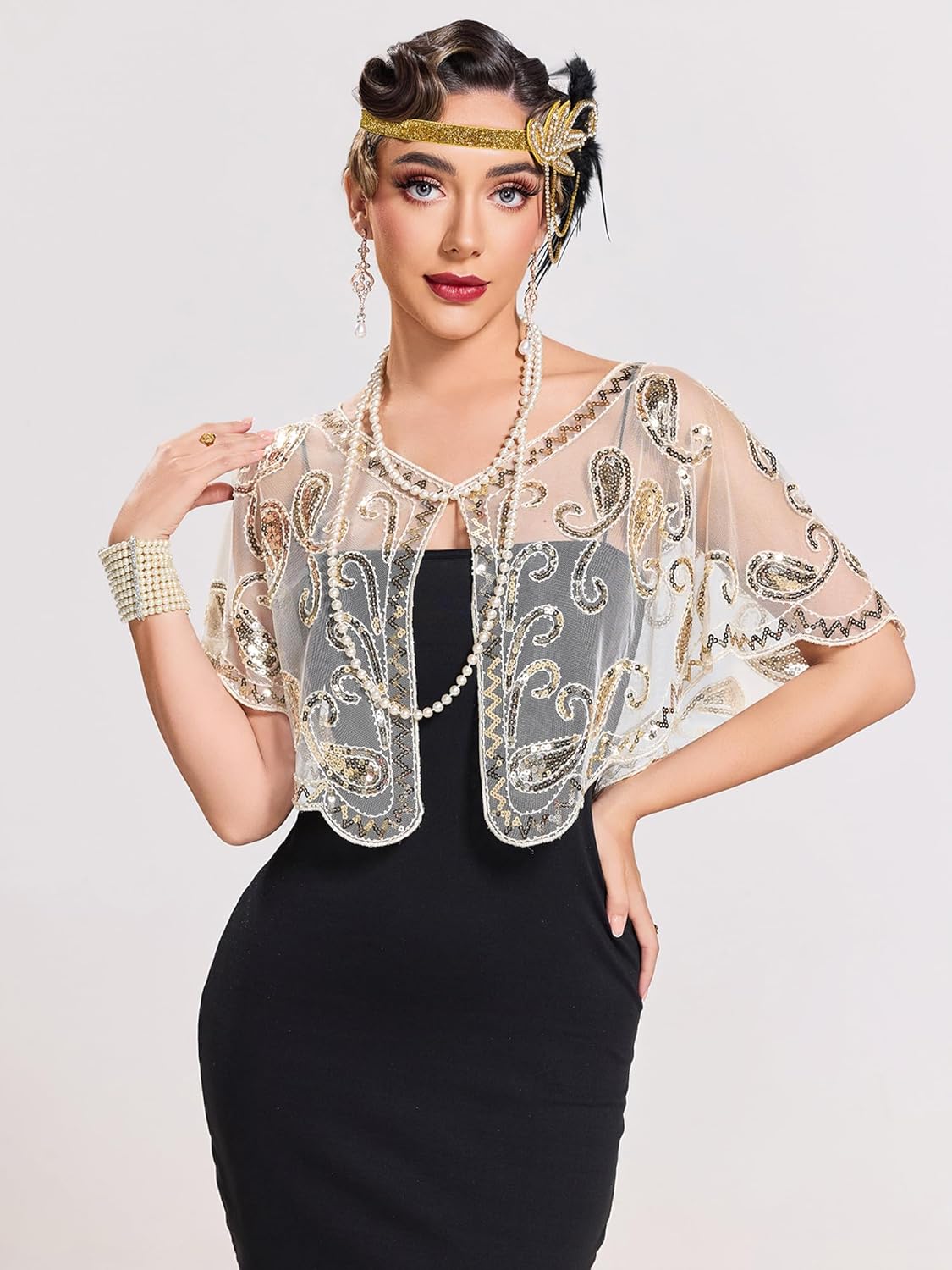 1920s Shawl Wraps Sequin Beaded Evening Cape Bridal Shawl Bolero Flapper Cover Up - Image 2