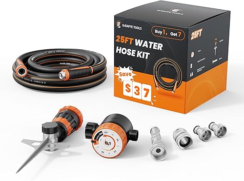 Miniatura 13 de Giraffe Tools - Manguera de jardín de 100 pies x 5/8 pulgadas, resistente, flexible y ligera, con temporizador, boquilla y aspersor, material 2-5/8