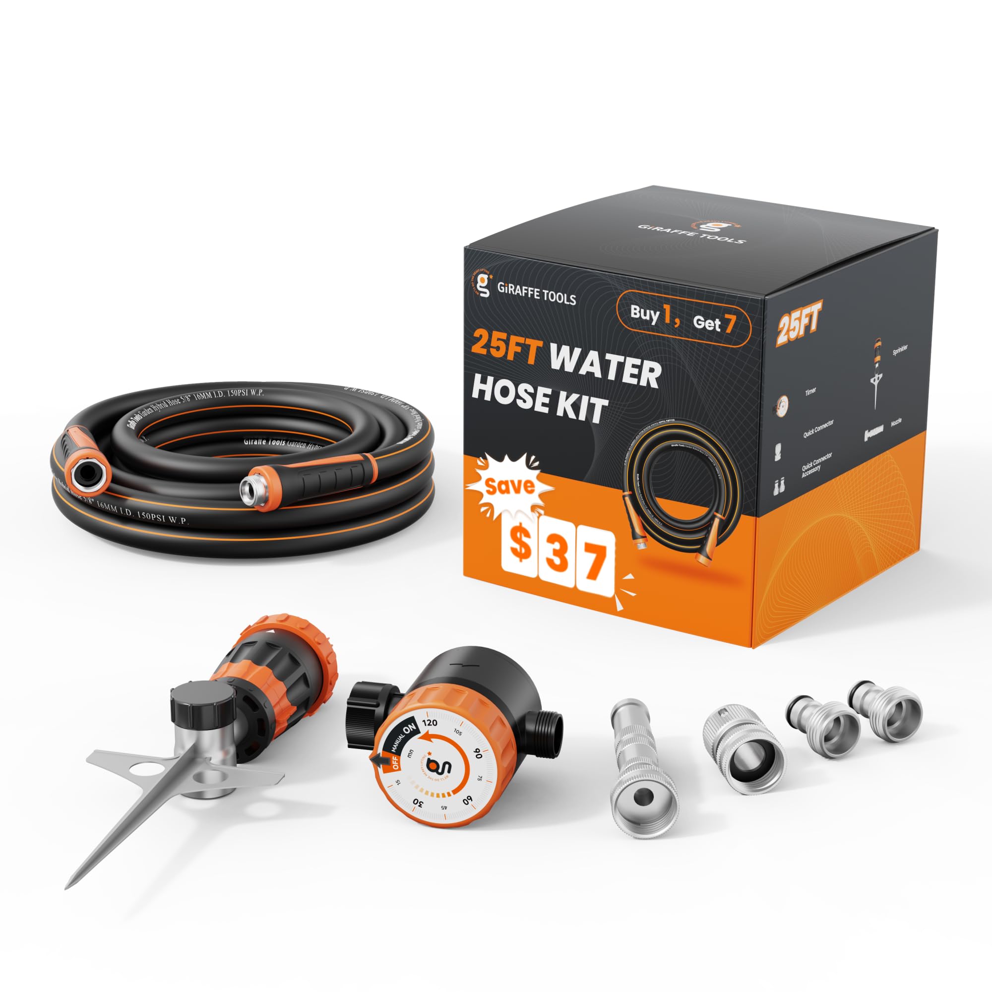 - Giraffe Tools Garden Hose 25ft x 5/8", Water Hose Heavy Duty, Flexible with Water Timer Nozzle and Yard Sprinkler, Lightweight Hybrid Hose with Swivel Handle, Male to Female Fittings, Burst 600 PSI