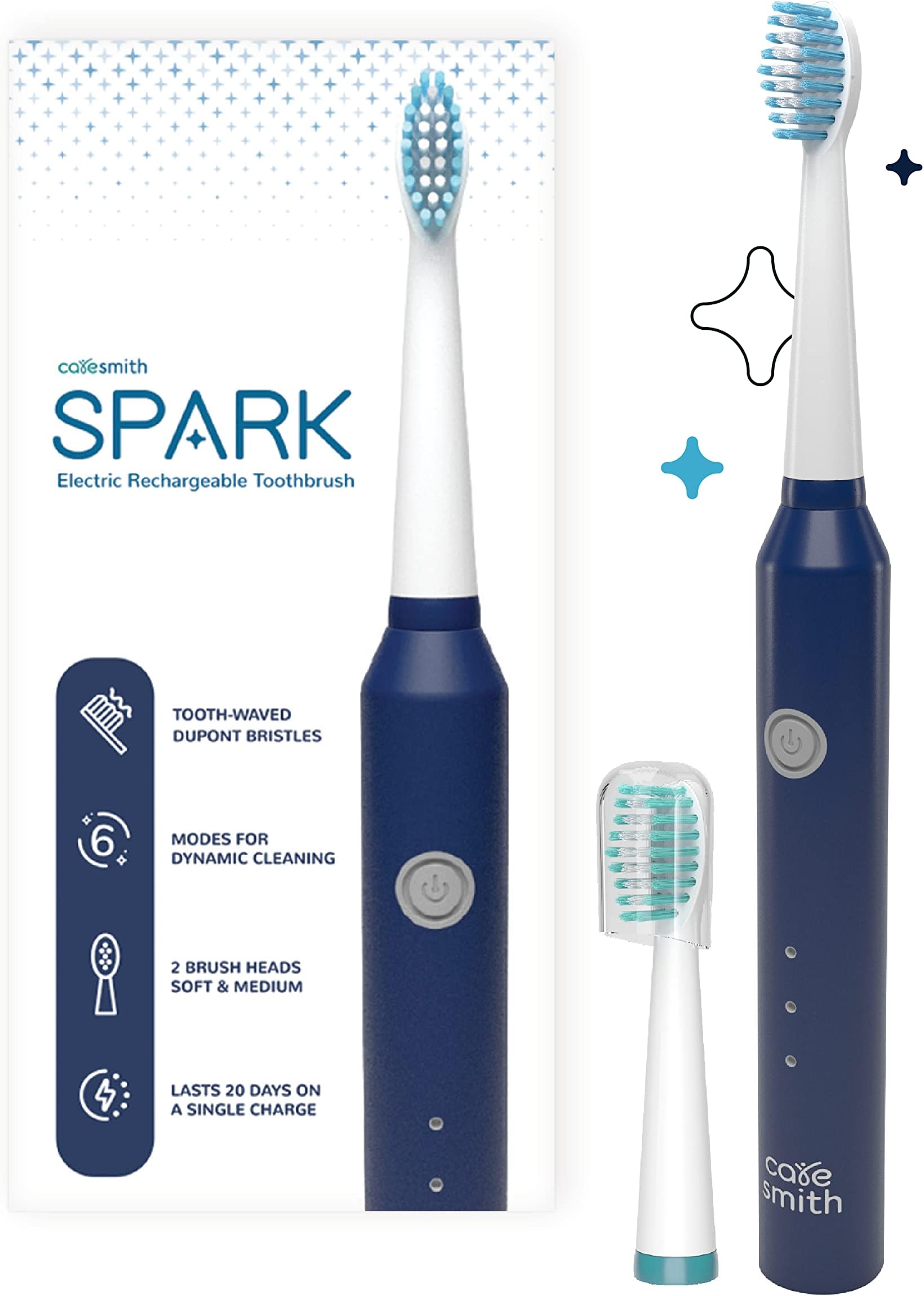 Spark Rechargeable Electric Toothbrush | 6 Operating Modes | 40000 Vibrations per Minute | 2 Brush Heads (Blue)