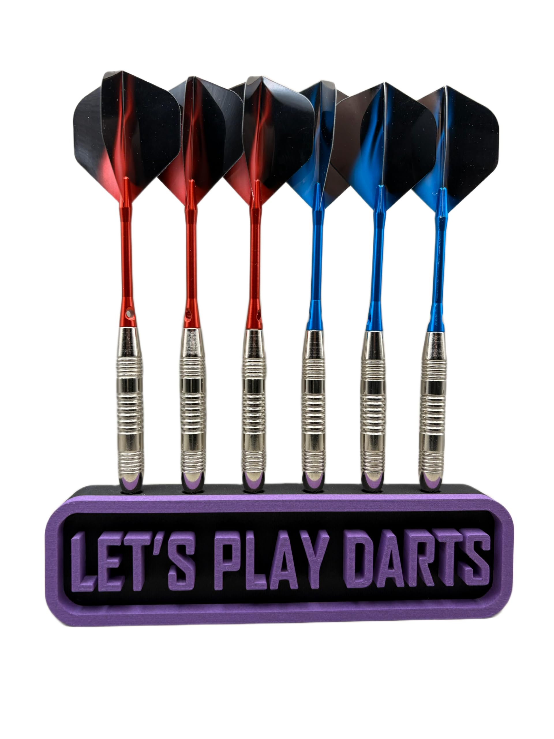 Manio 3DP Dart Holder for 6 Darts “Let’s Play Darts” – Wall Mounted or Freestanding Dart Stand, 3D Printed PLA CF, Matte Finish – Screws & Wall Plugs Included (Black/Purple)