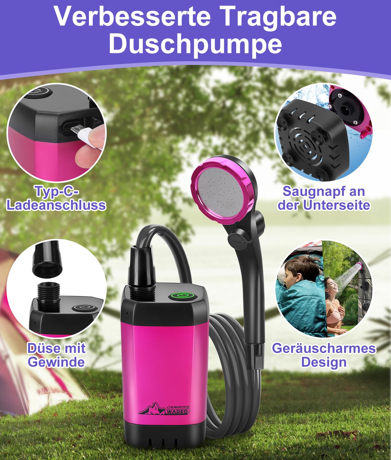 WADEO Tragbare Campingdusche Akku mit Pumpe, Camping Dusche mit wiederaufladbarem 6000-mAh-Akku und doppelter Digitalanzeige, Mobile Duschen mit Duschkopf, für Camping Reisen Garten (Lila, Typ C)
