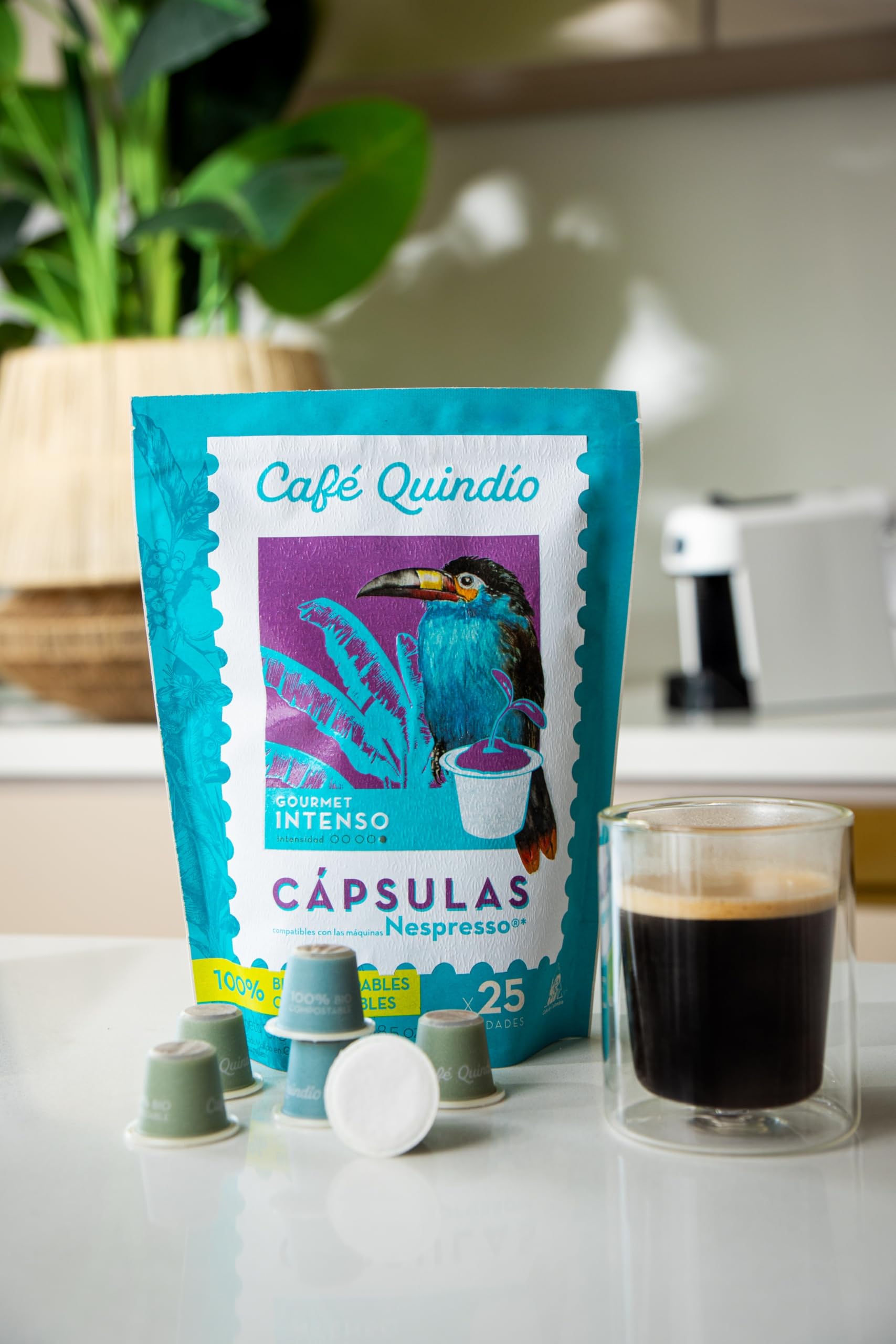Café Quindío Kaffeekapseln - kompatibel mit Nespresso, 100% Arabica, Specialty Coffee, Kolumbien, Mittlere Röstung - Nachhaltig und Kompostierbar, 25 Kapseln/Beutel (137.5 g, Gourmet Intense)