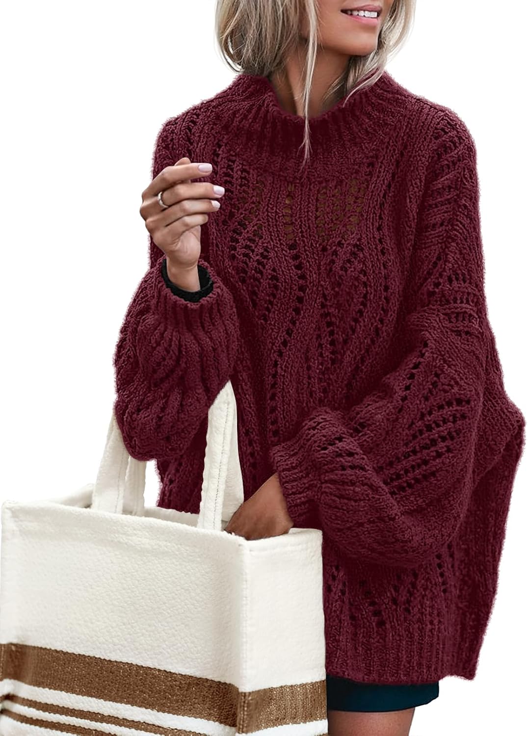 MEROKEETY Fall Sweaters for Women 2025 Oversized Pullover Crochet Lantern Long Sleeve Mock Neck Casual Loose Tops