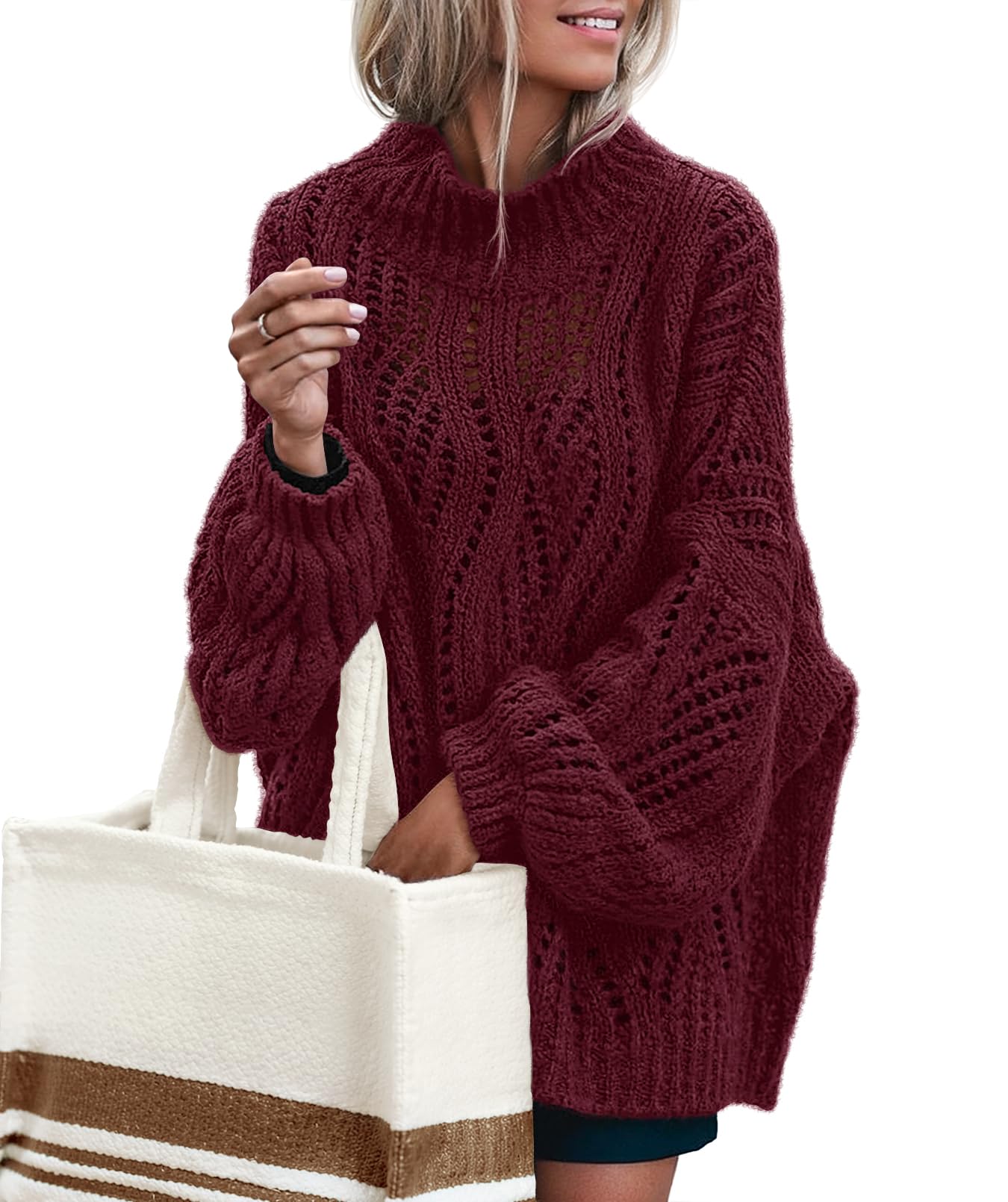 MEROKEETY Fall Sweaters for Women 2025 Oversized Pullover Crochet Lantern Long Sleeve Mock Neck Casual Loose Tops