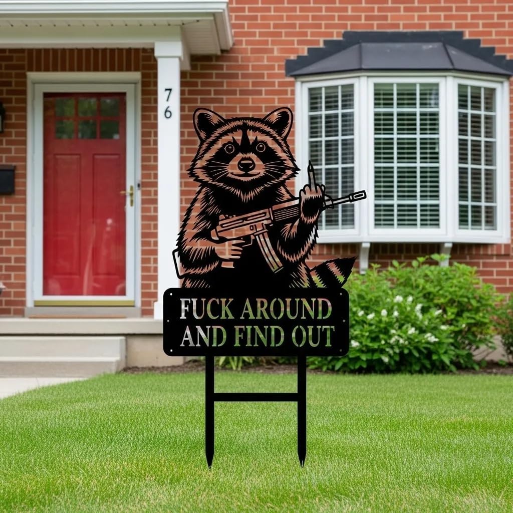 "F*ck Around & Find Out" Garden Guardians Middle Finger Metal Animals Silhouette Garden Stake with Weapon Sign, FAFO Home Security Sign Statements Bigfoot Statue Decor for Outdoor Yard Patio (Raccoon, L)
