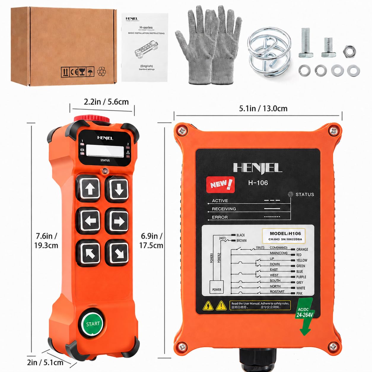 H106 Télécommande Grue Sans Fil 24V 48V 220V (24-264V) 6 Canaux | Radiocommande Industrielle pour Pont Roulant et Palan Électrique, Portée de contrôle de 150 mètres