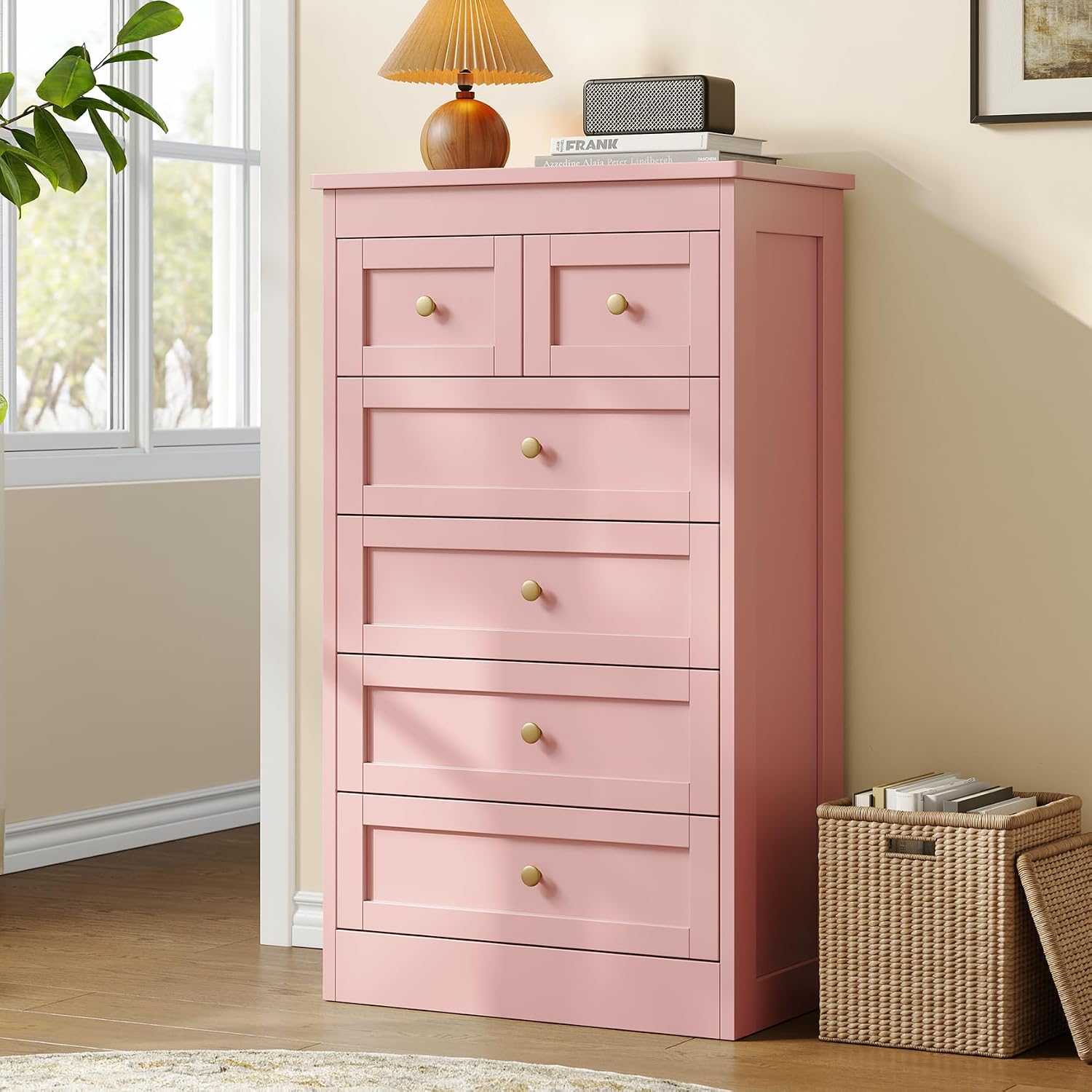 wanan Tall 6 Drawer Dresser for Bedroom, Pink Modern 43.3'' Tall Wood Chest of Drawers, Storage Organizer with Smooth Metal Rails & Anti-Tip Kit for Closet, Hallway, Living Room