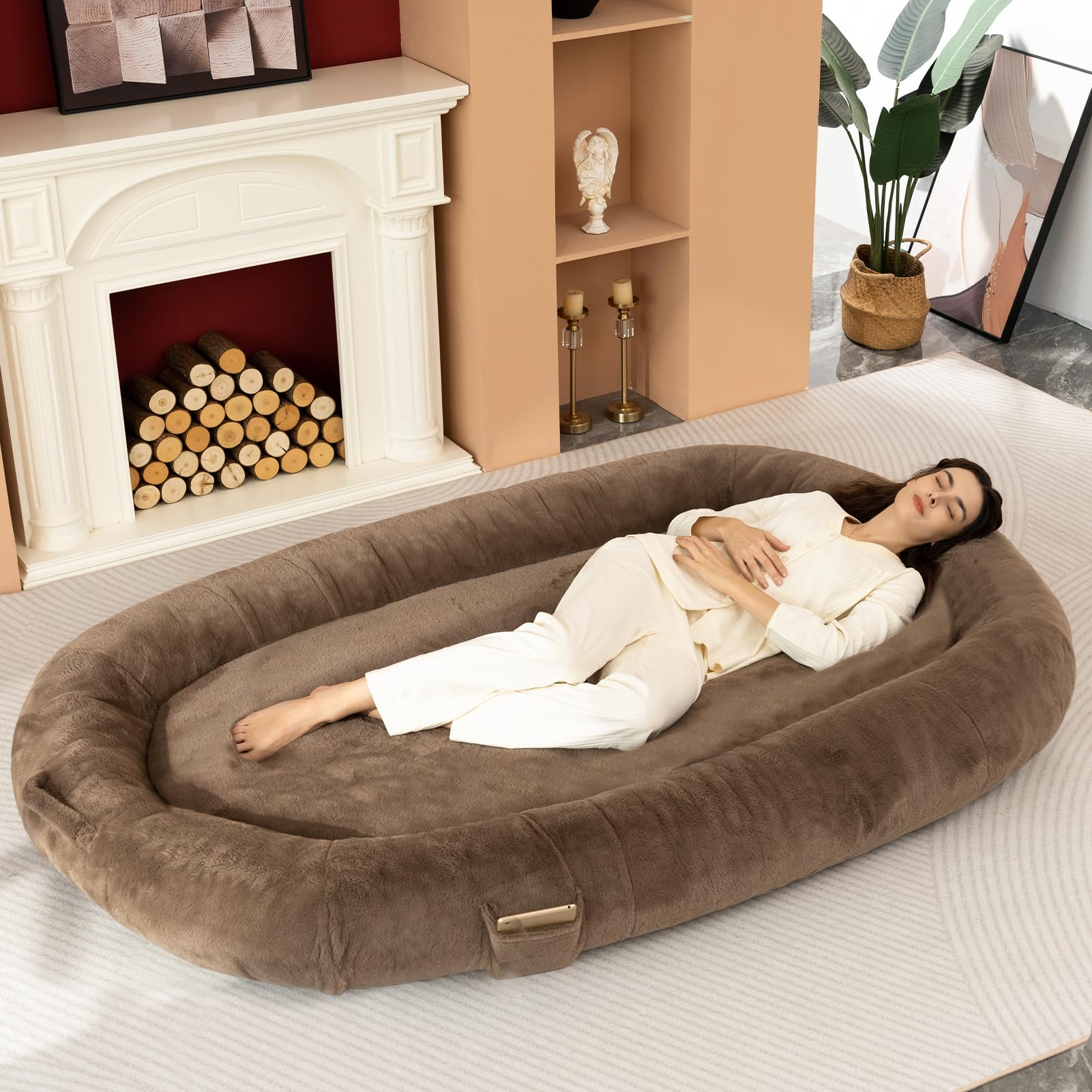 HIGOGOGO Giant Dog Bed for Human, 80"x50"x12" Dog Bed for Humans Size Fits You and Pets? Faux Fur Giant Floor Bed with Machine Washable Cover, XXXL Bean Bag Bed for Adult and Pets? Dark Coffee